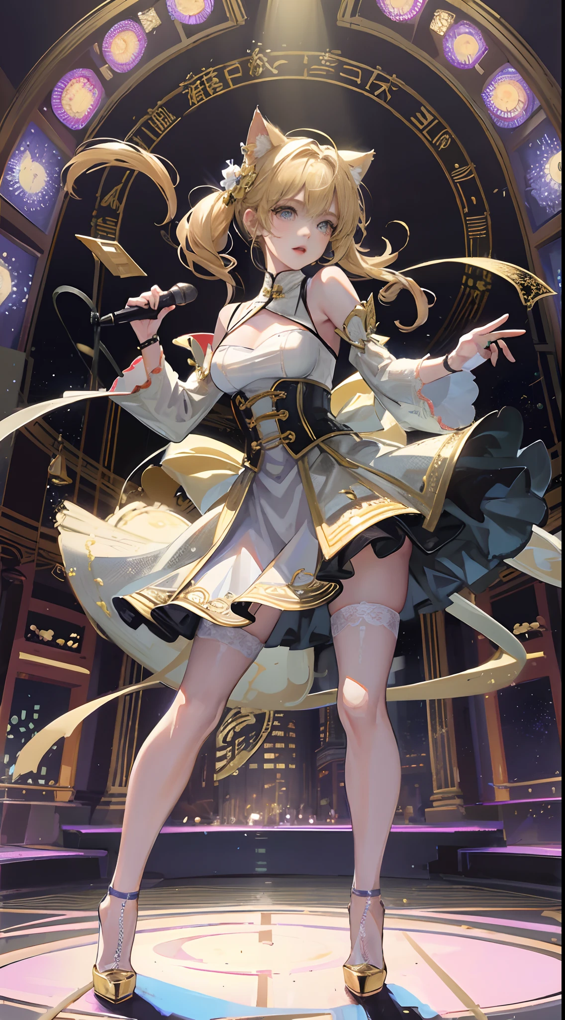 tmasterpiece,Best quality,Realistic lighting,超高分辨率, Concert,On stage,1girll,holding a mic, big breasts beautiful, blond hairbl ,Cat ear hair accessories, bare shoulders, high-heels。