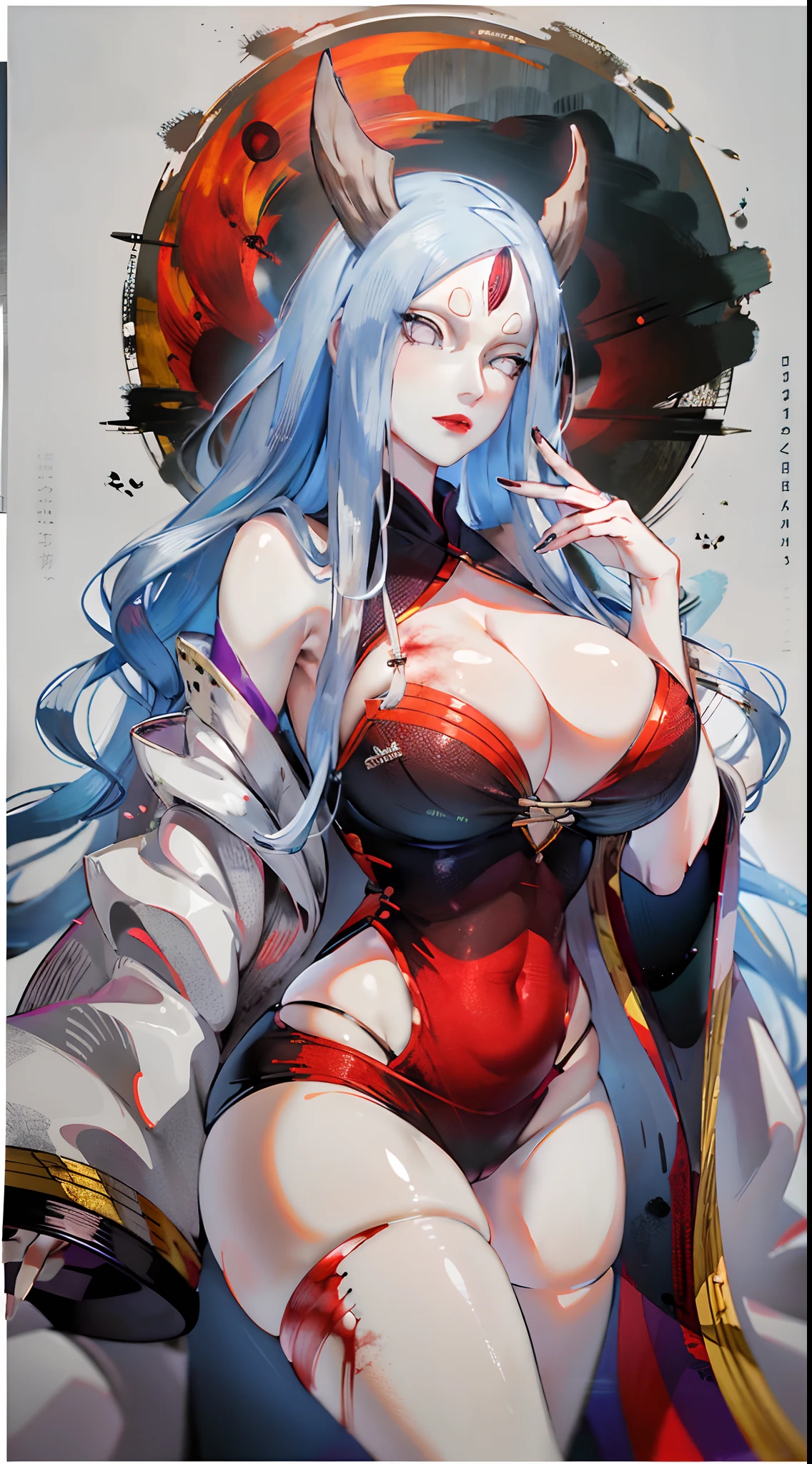 Kaguya,with a pure white background,White silk hair,Blood red moon,huge tit,Fleshy thighs,High-class design sense,Promotional poster style,long white robe,highly rendered,详细的脸