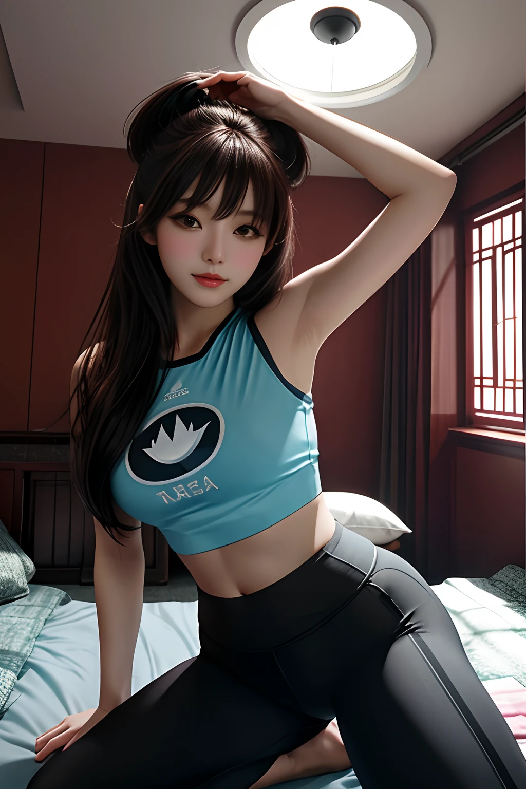 tmasterpiece, Best quality at best, 1girll, from below, underbust, mediuml breasts, Yoga pants for, Crop tops, brunette color hair, 黑The eye,Chinese woman,Bottom-up perspective,near bed,rays of sunshine