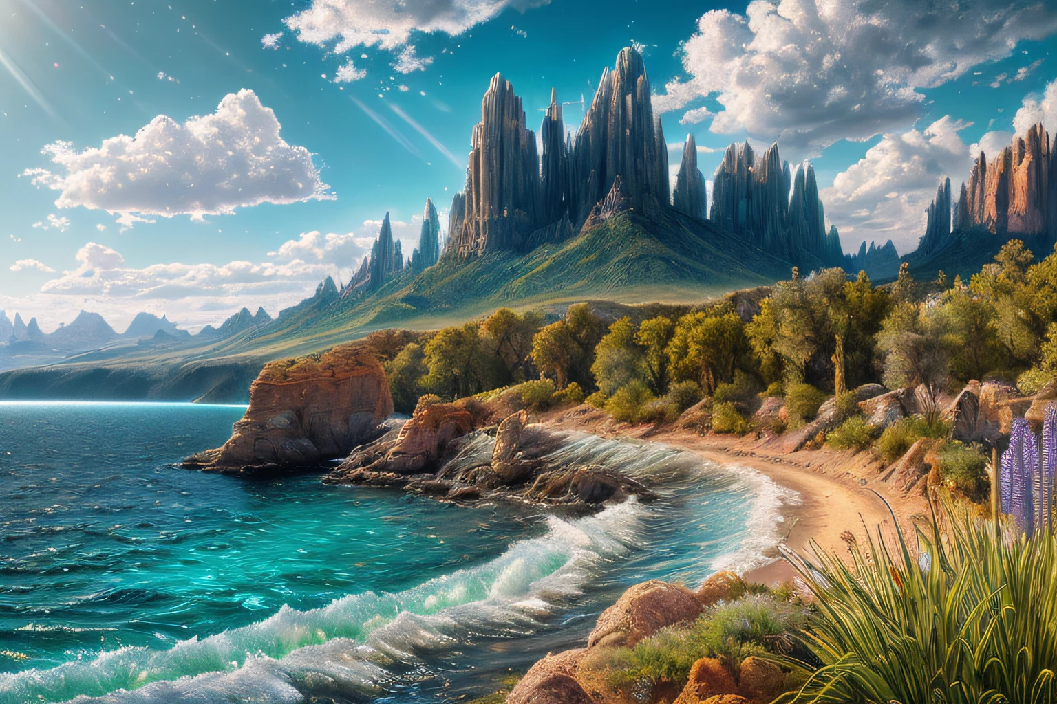 paysage futuriste, Eau, (Highly detailed CG Unit 8k wallpaper), The most beautiful work of art in the world, Professional majestic oil painting, complexe, High detail, mise au point nette, dramatique, Art of photorealist painting,