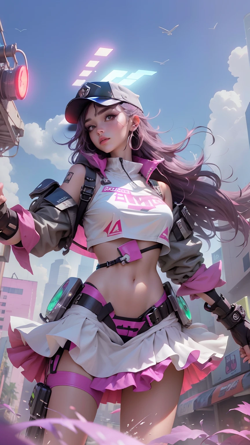 Beautiful woman medium hair, wearing cap, cyberpunk style short clothes, cyberpunk police woman, tomboy