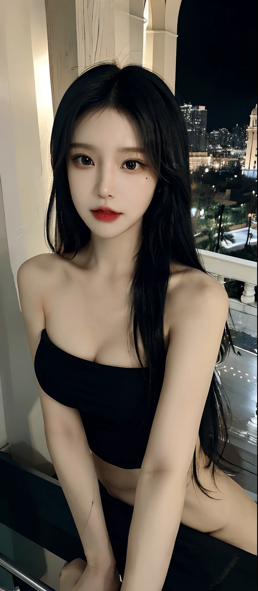 NSFW, ((Midnight, Best quality, 8k, Masterpiece)), face close up, Sharp focus, A pretty woman with perfect figure, Slender abs, ((black hair, Big breasts)), (naked, selfie), ((balcony)), Highly detailed face and skin texture, Detailed eyes, Double eyelid,