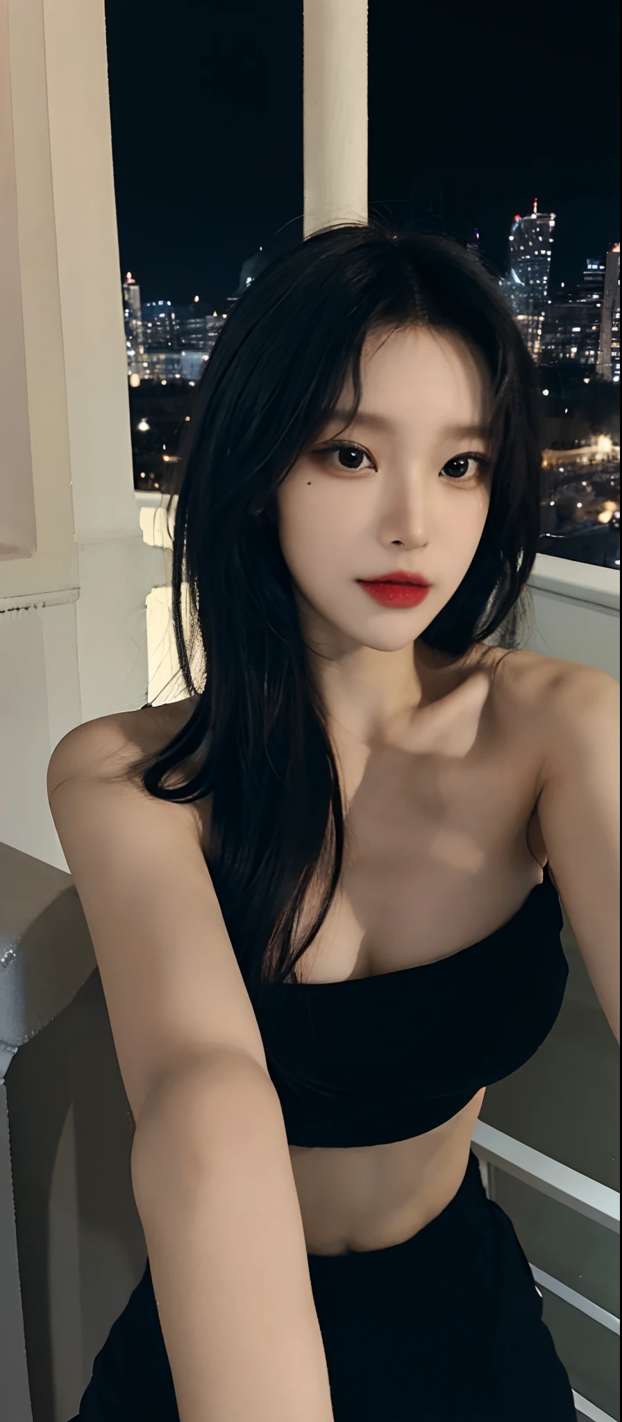 NSFW, ((Midnight, Best quality, 8k, Masterpiece)), face close up, Sharp focus, A pretty woman with perfect figure, Slender abs, ((black hair, Big breasts)), (naked, selfie), ((balcony)), Highly detailed face and skin texture, Detailed eyes, Double eyelid,