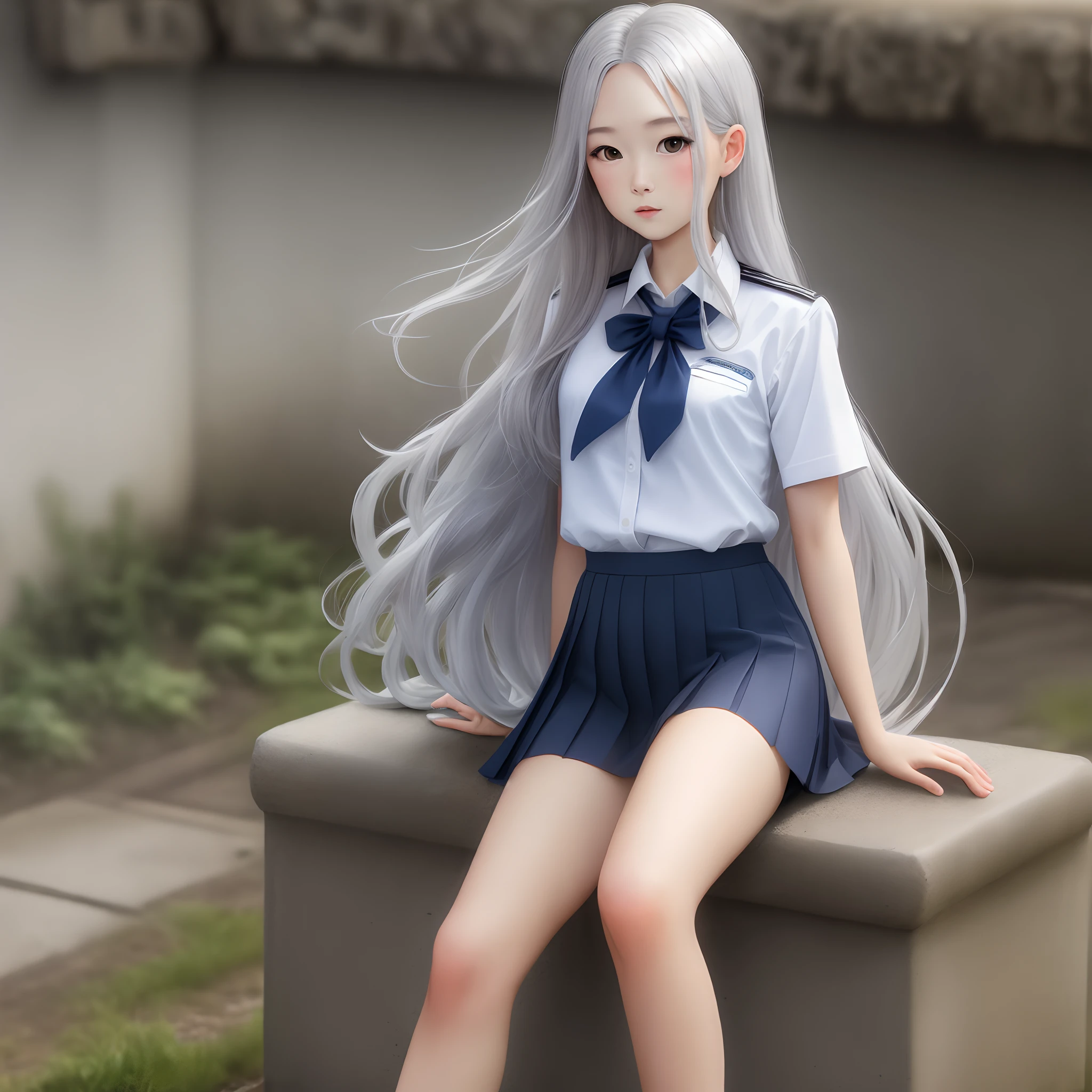 sliver long hair,British school uniform,a skirt,naked leg,