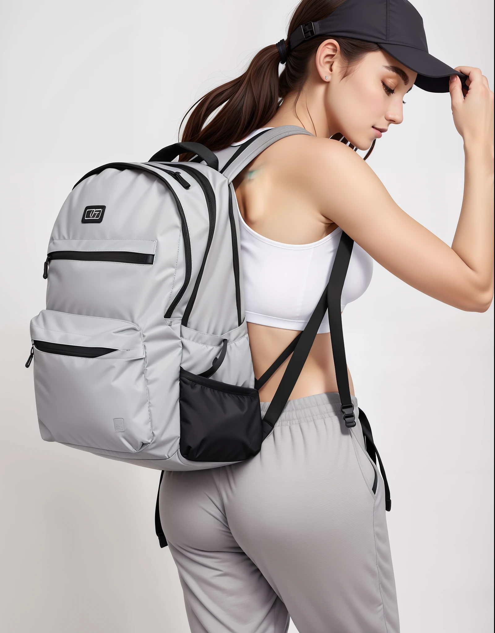 A beautiful woman in a white tank top and gray sweatpants with a backpack, mochila, com uma mochila, uma mochila, mochila escolar, mochila quadrada, uma mulher usando uma mochila, a mulher tem uma mochila, branco e cinza, rear facing, Arte Digital - W 0, Sacos, saco, mochila disco de controle remoto, Cinza claro, roupas esportivas fofas