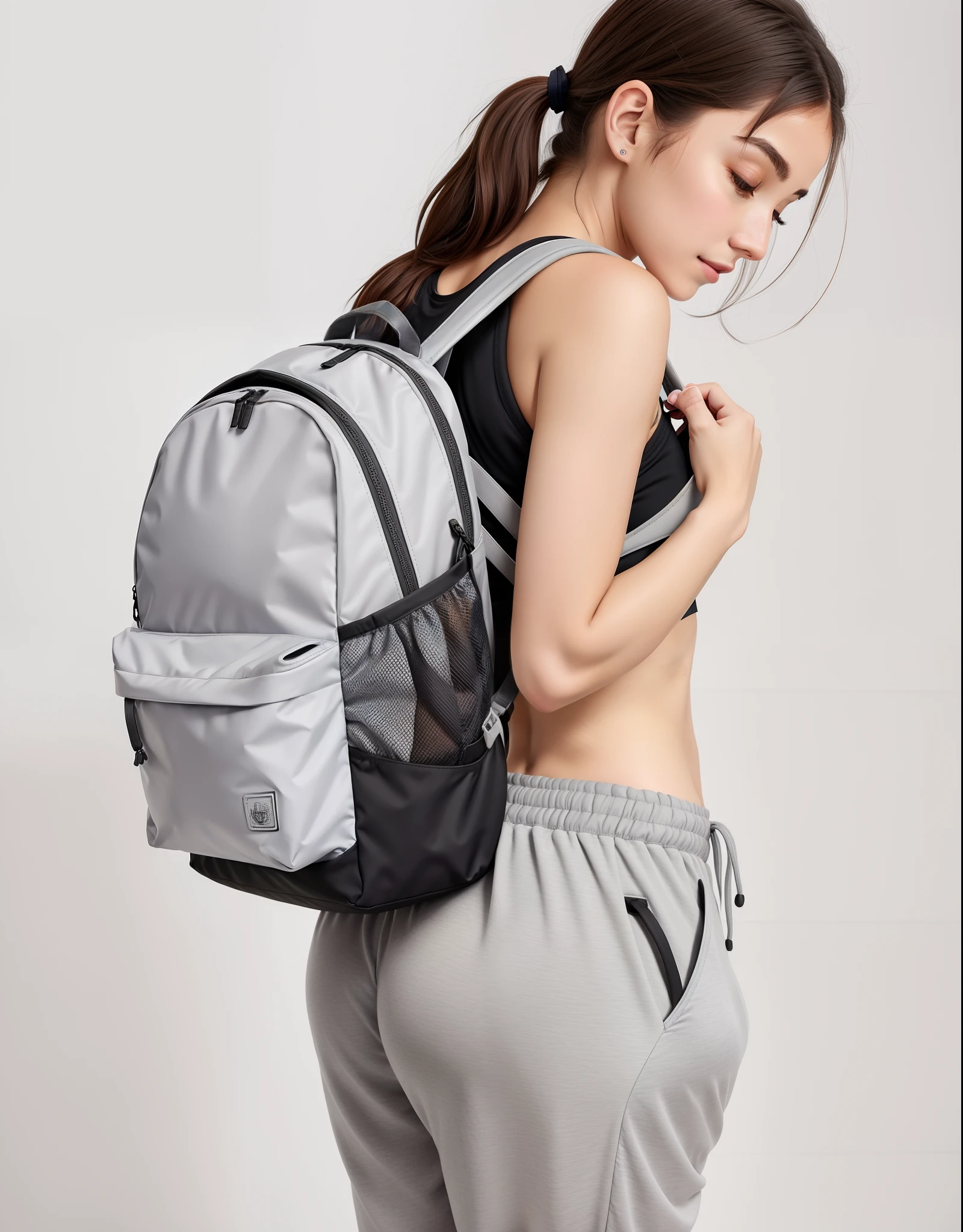 A beautiful woman in a white tank top and gray sweatpants with a backpack, mochila, com uma mochila, uma mochila, mochila escolar, mochila quadrada, uma mulher usando uma mochila, a mulher tem uma mochila, branco e cinza, rear facing, Arte Digital - W 640, Sacos, saco, mochila disco de controle remoto, Cinza claro, roupas esportivas fofas