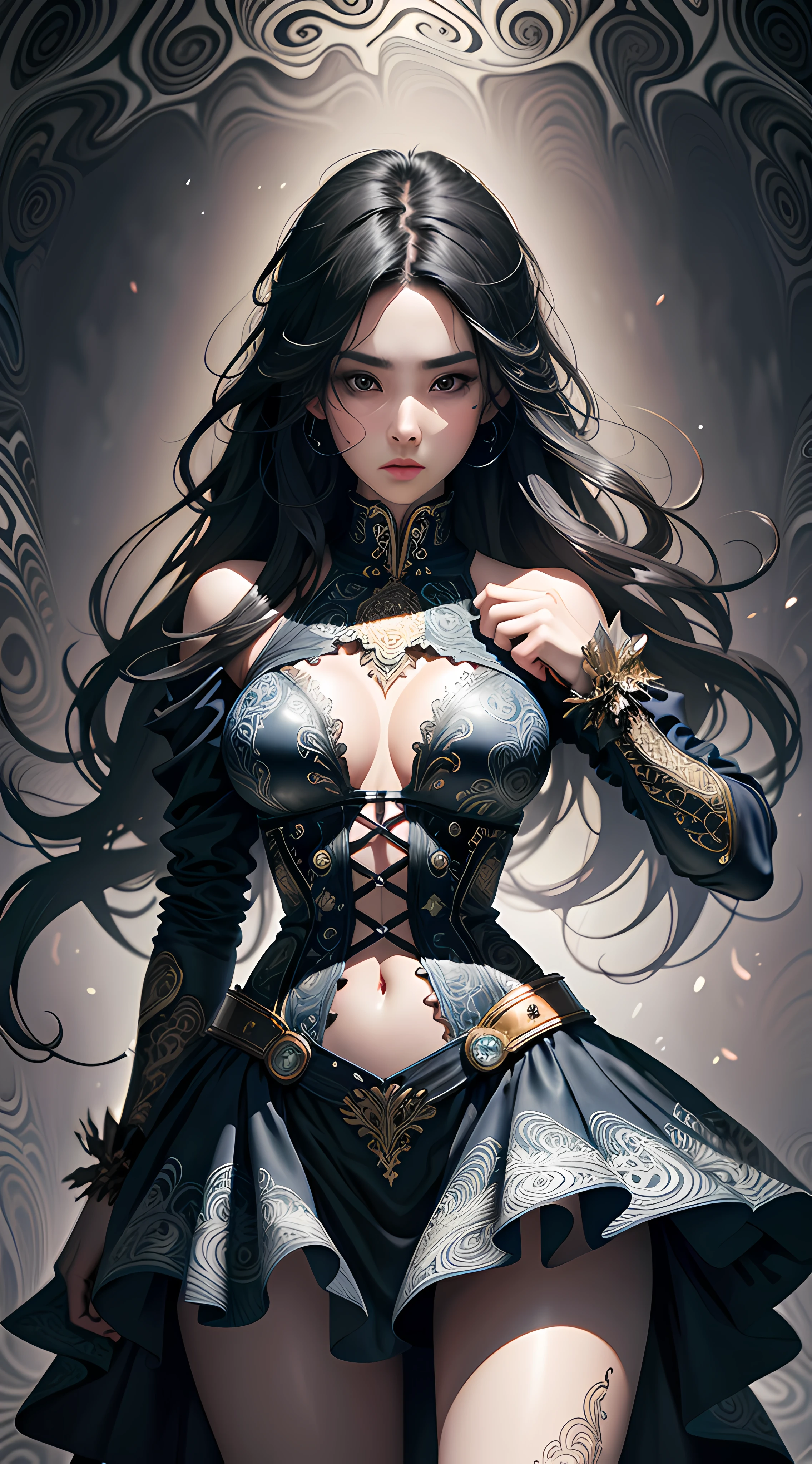 ((masterpiece:1.2, best quality, )), ultra detailed, Ultra-precise depiction, Ultra-detailed depiction, BREAK, long black hair, 1girl, wide hips, medium breast, (smooth skin, shiny skin), BREAK, (high-low skirt:1.2), BREAK, (zentangle, fractal art:1.2), (abstract background:1.5), multicolors, BREAK, cowboy shot, (dynamic pose), BREAK