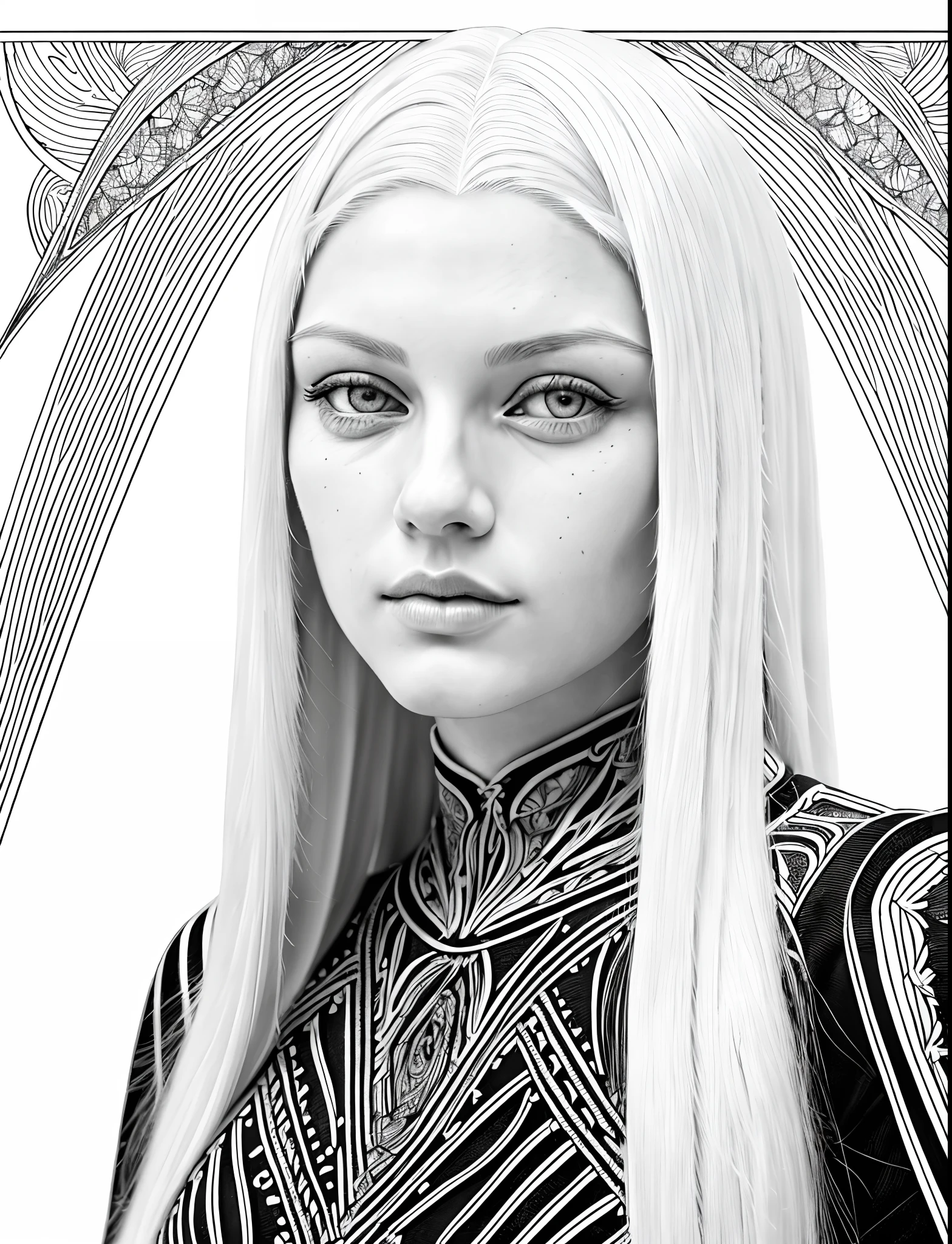 1girl (woman:1.2) flat lines, (very_long_hair, white_hair:1.3) (portrait:1.3) (coloring book, masterpiece, realistic:1.3), (extremely intricate:1.2), (sketch, zentangle, monochrome, lineart:1.2) dynamic angle, dutch angle, flat line art