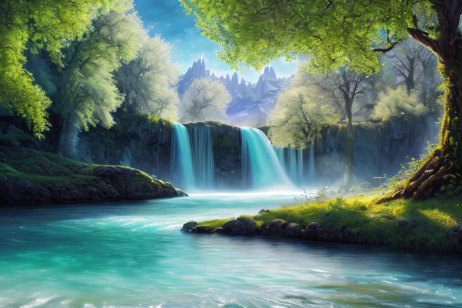 paysage futuriste, Eau, (Highly detailed CG Unit 8k wallpaper), The most beautiful work of art in the world, Professional majestic oil painting, complexe, High detail, mise au point nette, dramatique, Art of photorealist painting,