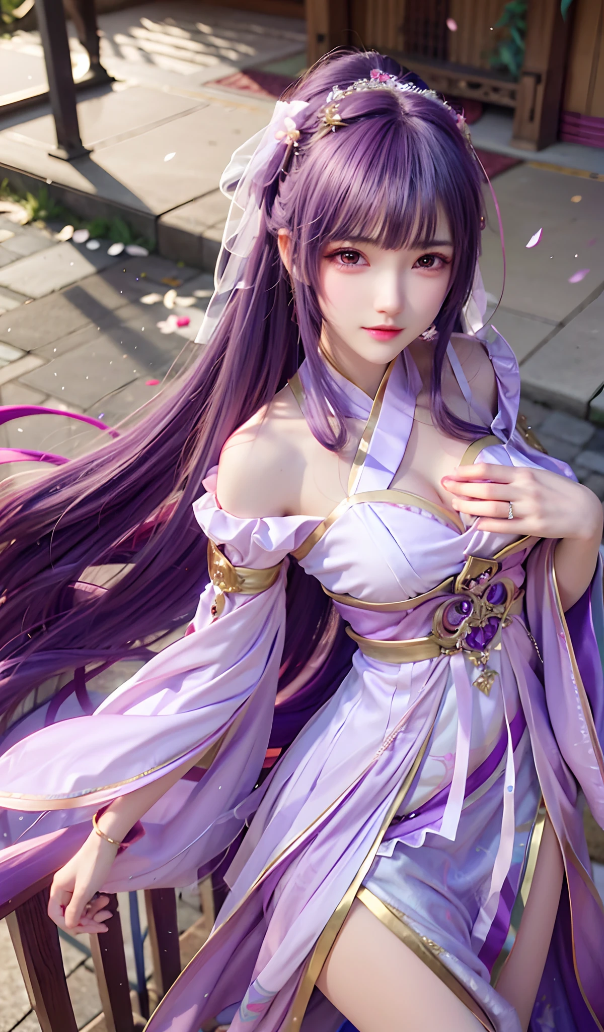 Beautiful girl in purple dress poses for photo, Anime goddess, a beautiful fantasy empress, Palace , A girl in Hanfu, cute anime waifu in a nice dress, full-body xianxia, purple flowing hair, Smooth anime CG art, zhongli from genshin impact, 8K high quality detailed art