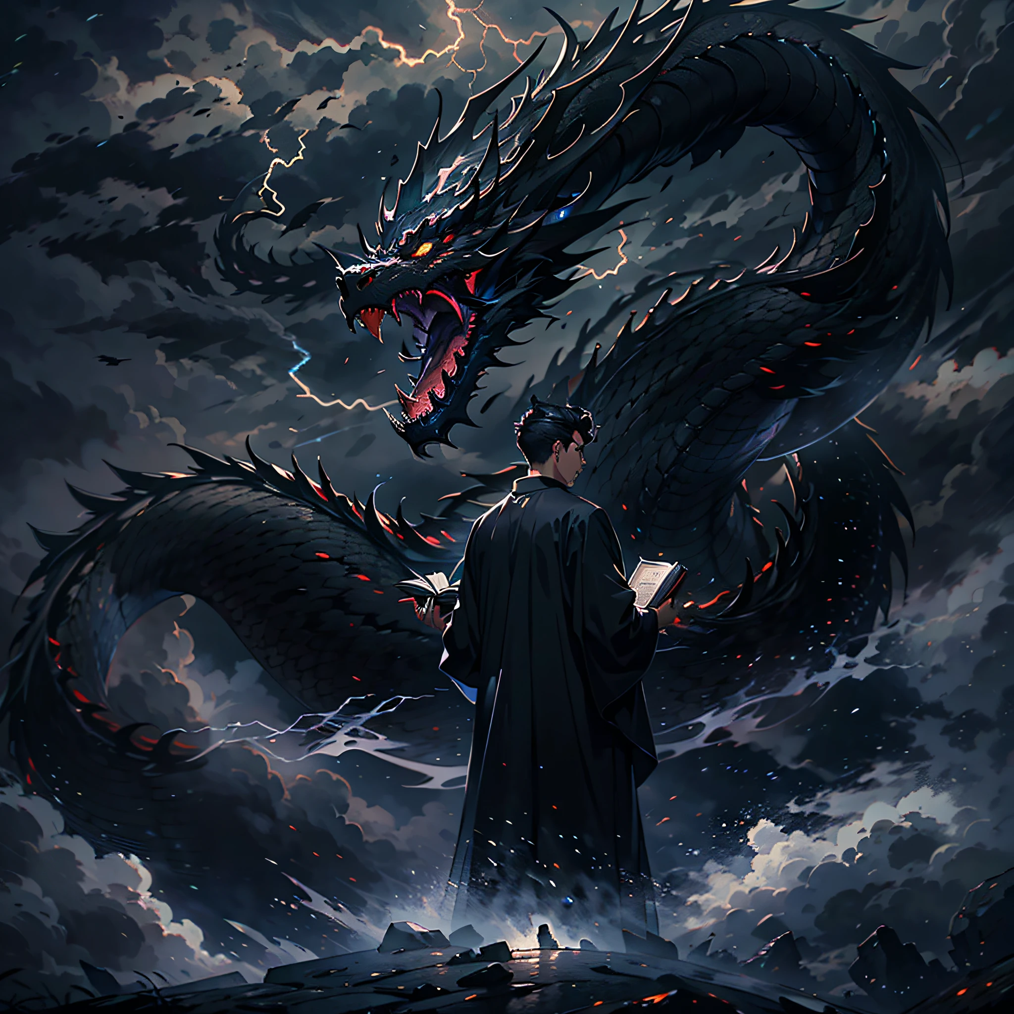 Dark theme, optic, fanciful,The sky was dark,storming,Lightning,in a panoramic view,China-style,A man in a black robe,cabelos preto e longos,Hands gripping a book hard,A huge black dragon behind him