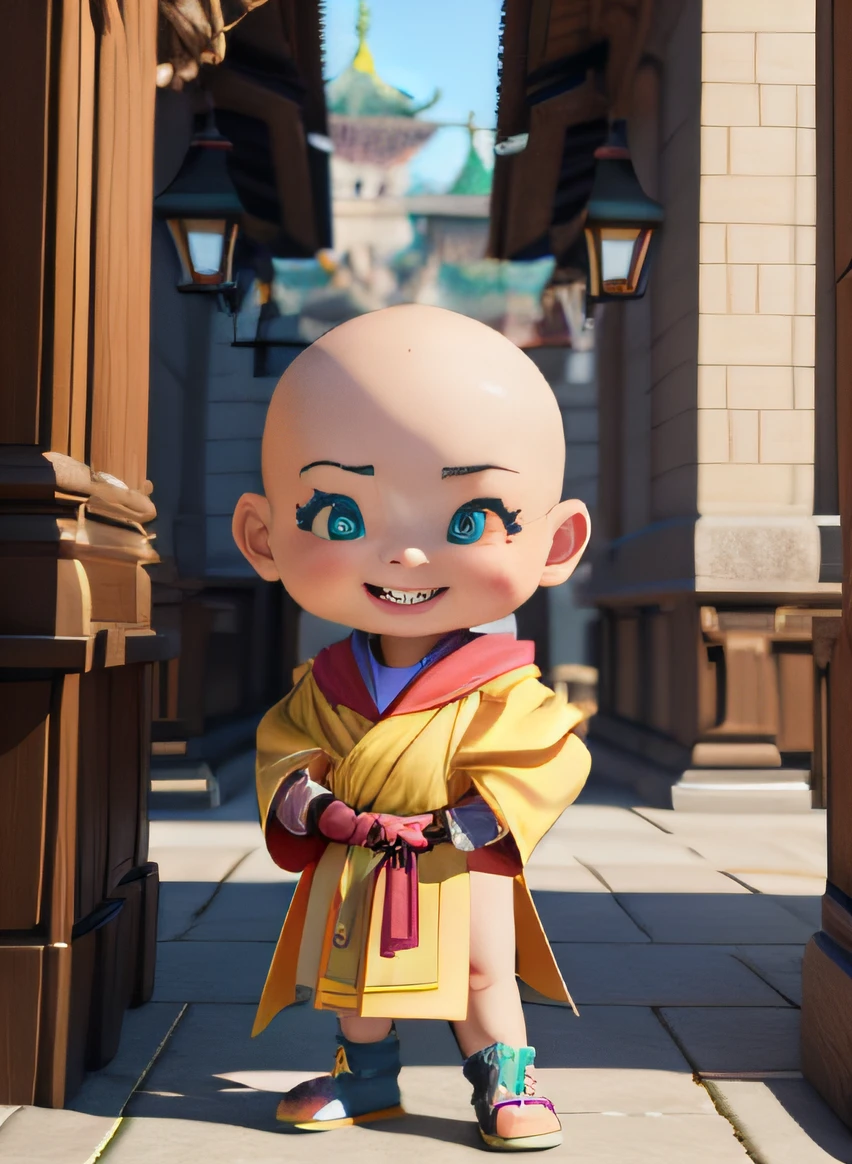 A bald cartoon character in a robe stands in the temple, Personagem pequeno. Unreal Engine 5, 3 D rendering character art 8 K, fantasy style 8 k octane render, Render in 8K Unreal Engine, Render in Unreal Engine 5, animation style render, 8K portrait rendering, Realistic anime 3 D style, cute 3 d render, Anime style. 8K black hair, hair bobbles, wince, longeyelashes, solid circle eyes, fake animal ears, light smile, ear blush, fang, aqua eyes, smile, Surrealism, drop shadow, stereogram, tachi-e, pov, atmospheric perspective, 8k, super detail, ccurate, best quality, textured skin