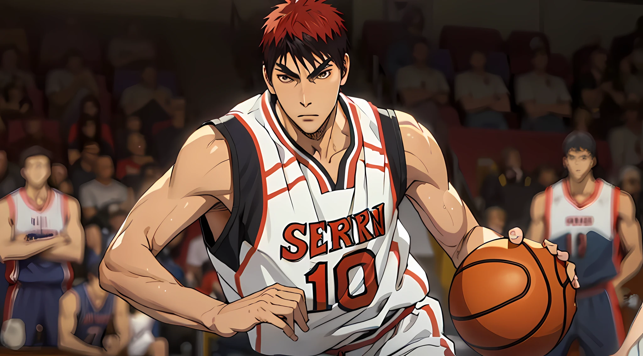 (masterpiece, best quality:1.2), cowboy shot, solo, male focus, 1boy, kagami taiga, expressionless, closed mouth, looking at viewer, hand on hip, sportswear, basketball uniform, basketball court