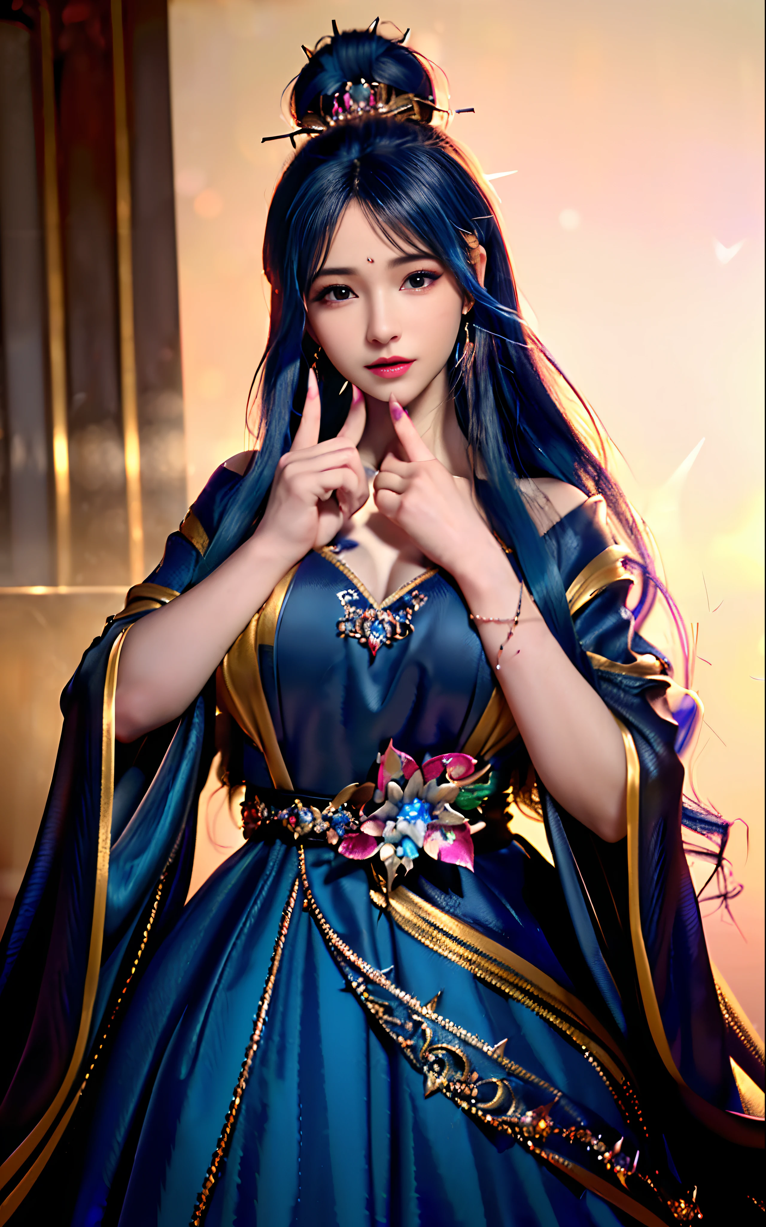 ((realisticity: 1.2)), ((realistic: 8K UHD)), ((best resolution: 8K UHD)), hyper detailed, best quality,masterpiece,highres,cg, ((1 girl hyper detailed and hyper realistic) ) , ((beautiful queen, hyper realistic and hyper detailed)),((white skin, beautiful, smooth, youthful, hyper realistic and hyper detailed )), ((Face hyper beautiful, white, hyper realistic and hyper detailed ) ), long hair, ((hyper realistic and hyper detailed dress)), solo, ((hyper realistic, hyper beautiful, beautiful and hyper detailed jewelry)), ((hyper beautiful deep red and golden yellow dress, hyper realistic and hyper detailed )) , ((Her pretty, hyper realistic, hyper detailed diamond filled earrings)), ((Her gorgeous diamond haircut, hyper realistic and hyper detailed)), ((hyper pretty upper body, hyper beautiful, hyper realistic and hyper detailed) ), ((medium breast: 1.1)), ((hyper realistic, hyper pretty, hyper detailed boobs)), ((the backgroun of the royal palace is hyper majestic, hyper realistic and hyper detailed)),((hands and palms hyper beautiful, hyper detailed, hyper realistic)), ((hyper detailed and hyper realistic fingers and fingernails)), ((hyper pretty fingernails, hyper vivid, hyper detailed, hyper realistic)), ((thumb, index finger, middle finger, ring finger, little finger hyper vivid, hyper pretty, hyper detailed, hyper realistic)),  
((hyper beautiful fingers, hyper detailed, and hyper realistic)), ((posture not too fat and not too thin, hyper realistic, hyper detail)), ((hyper pretty, hyper pretty, hyper realistic and hyper detailed hair bun)), ((hyper pretty , hyper realistic and hyper detailed blue hair)), candid, Photo, high resolution, 8k , bokeh,