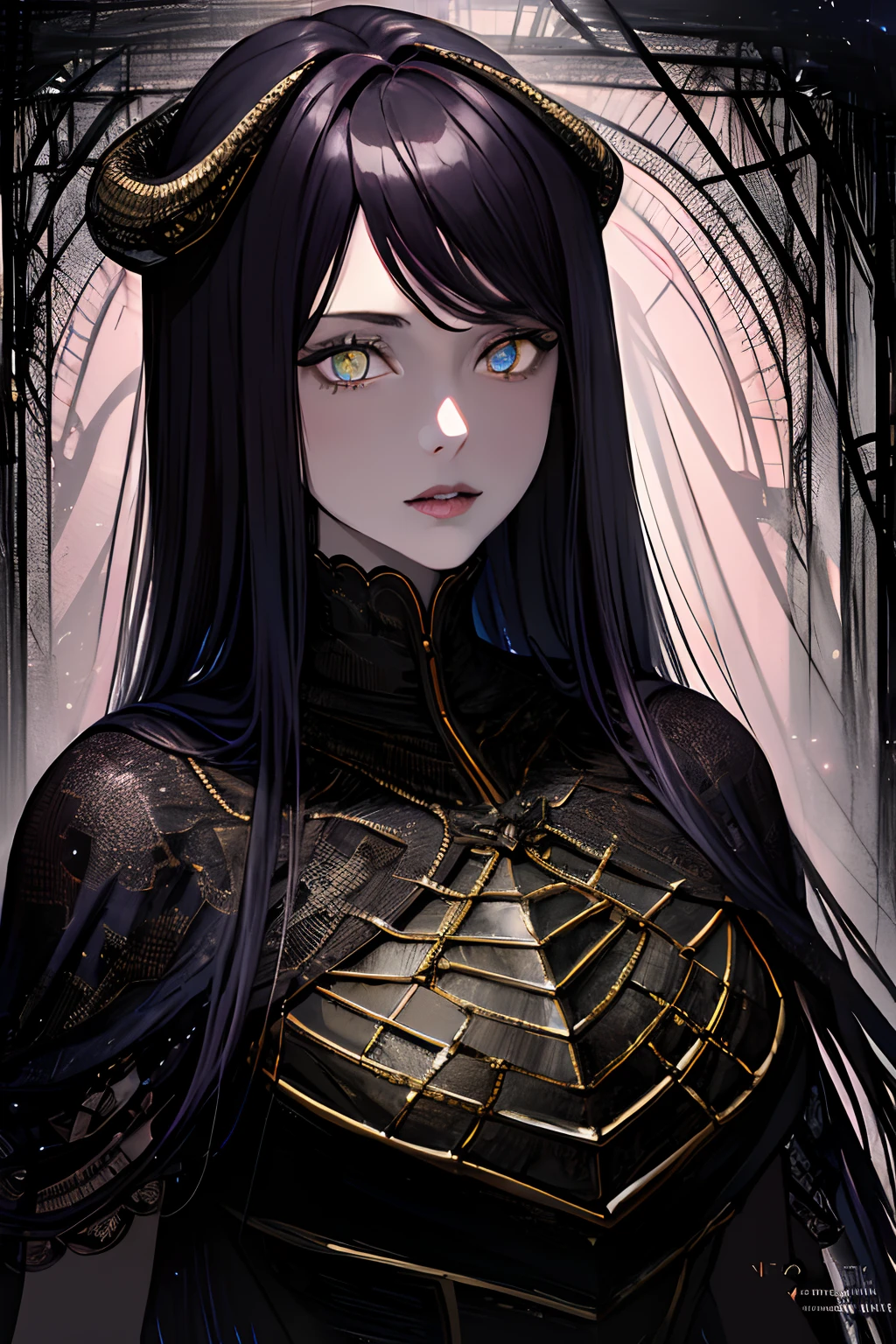 (masterpiece, top quality, best quality, official art, beautiful and aesthetic:1.2), cateyes,1girl, solo, (Stunning Eyes), armour, magic, light particles, upper body, extreme detailed, highest detailed, optical mixing, playful patterns, lively texture, unique visual effect, ((dark fantasy)), (darker colours:1.3), Ominous energy, eldritch Horror, ((Intricate Details)), (Onyx colours)