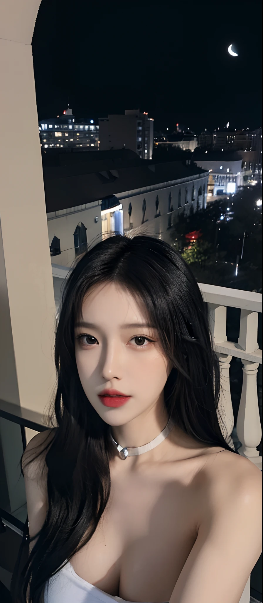 NSFW, ((Midnight, Best quality, 8k, Masterpiece)), face close up, Sharp focus, A pretty woman with perfect figure, Slender abs, ((black hair, Big breasts)), (tight t-shirt, collar, selfie), ((balcony)), Highly detailed face and skin texture, Detailed eyes, Double eyelid,