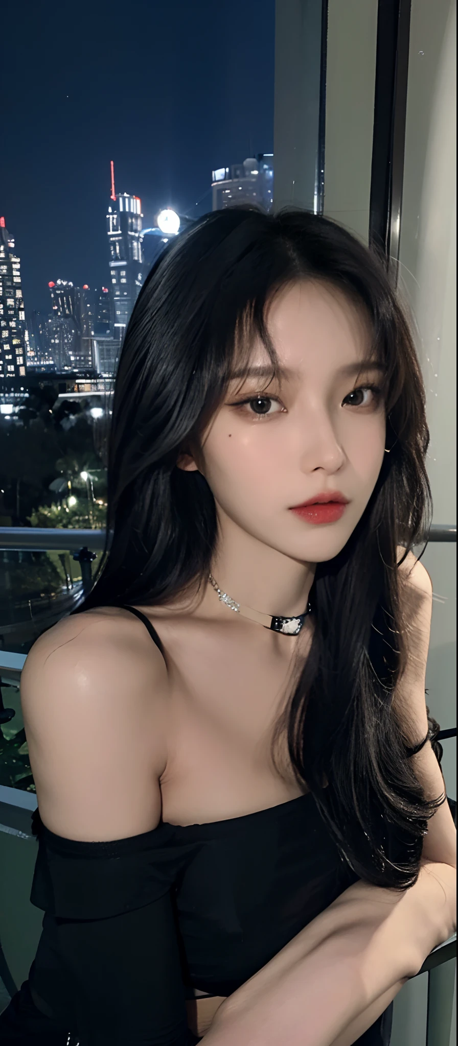 NSFW, ((Midnight, Best quality, 8k, Masterpiece)), face close up, Sharp focus, A pretty woman with perfect figure, Slender abs, ((black hair, Big breasts)), (tight t-shirt, collar, selfie), ((balcony)), Highly detailed face and skin texture, Detailed eyes, Double eyelid,