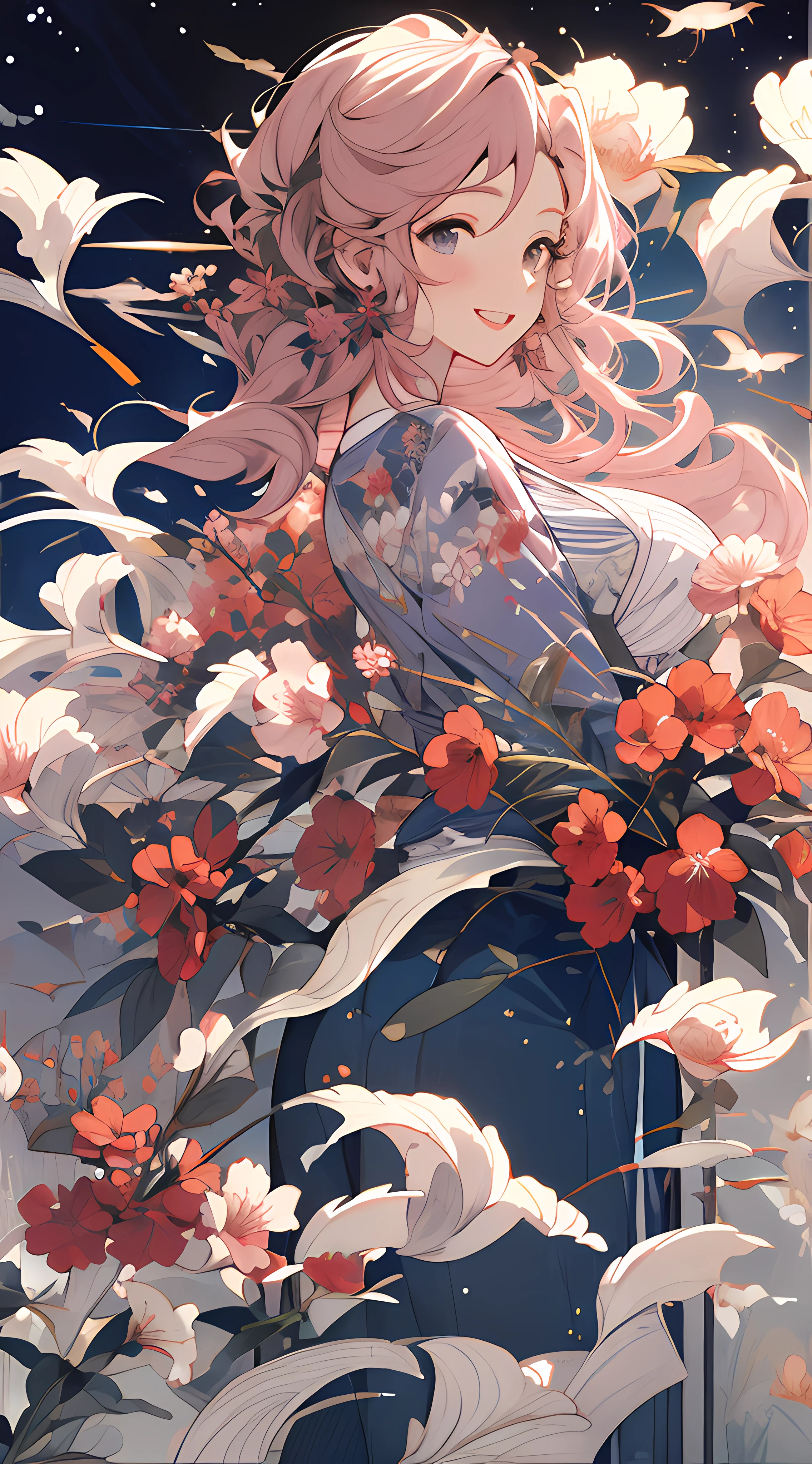 ((masterpiece, best)),(1girl),((mature woman)), light pink hair, dizzy, trumpet, ((office lady)), bangs, mid-chest, (full), slim, smiling, [wide hips] ,office,standing, aru \(blue archive\),