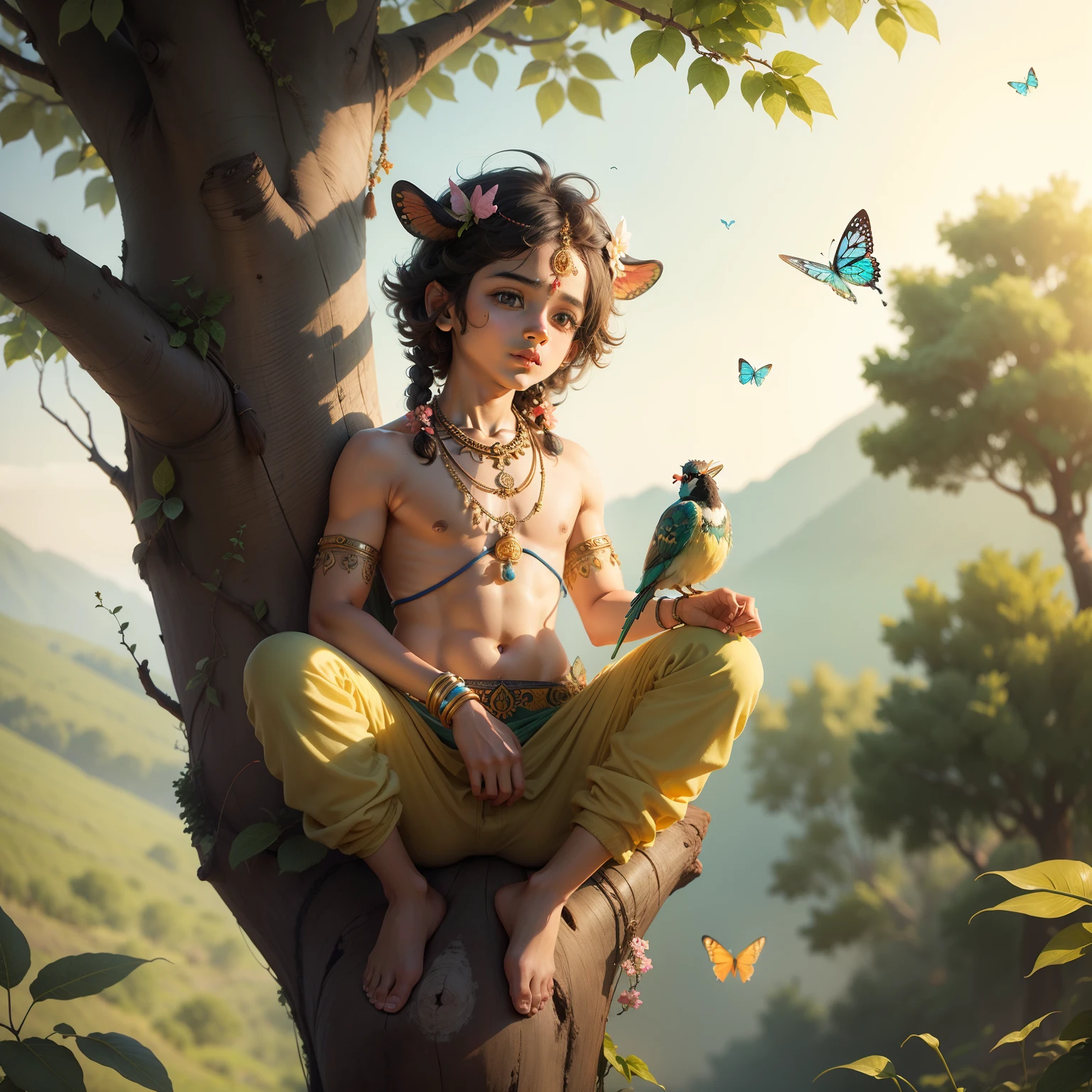 God Krishna nature cow butterfly tree Bird son