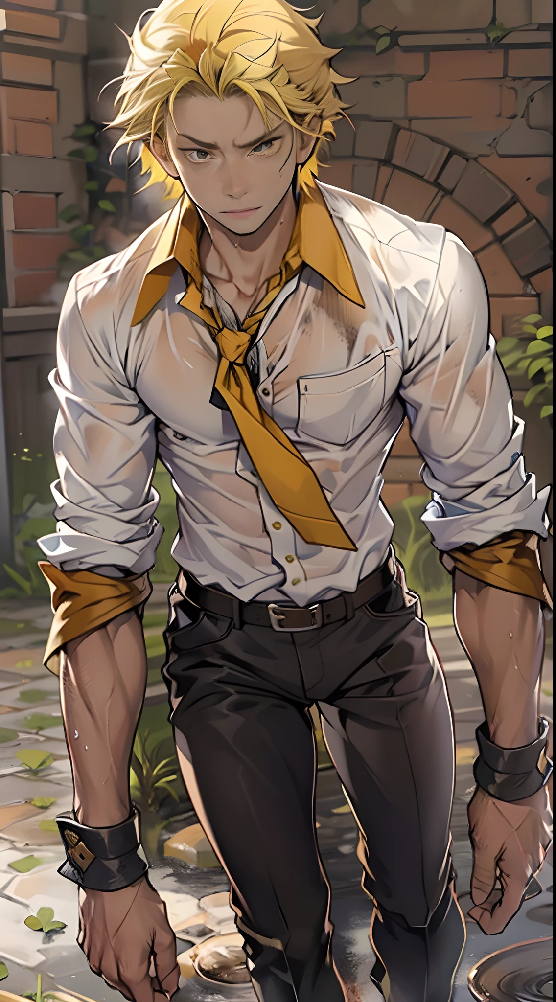 A3R1, Hector Fey ,Look more at the upper body,Pants view,legs separated,A3R1,pissing,Pee yourself,His own urine ran down his thighs,perfect male figure, Aerith Gainsborough ,Put your hands in your trouser pockets,Pee from his legs,yellow eyes,Surrounded by other people, Stand in a very dirty medieval castle,and the sun was shining brightly,Wear a tie,wearing leather belt,Long Sleeve White Shirt,(The shirt is soaked),Short yellow hair,perspire,Black suit trousers,dress shoes,Nervously bow your head,is shy,embarressed,Defeat,is shocked,panicking,worry,exteriors,On dry ground, A small puddle of his own urine formed around his feet,Very eager to pee,Wet yourself,Urine discharge,high detal,hentail realism,ultra-realistic realism,three sided view, A masterpiece of careful planning,A high resolution, hyper HD ,anatomy correct,super detailing,best qualtiy,A high resolution,8K