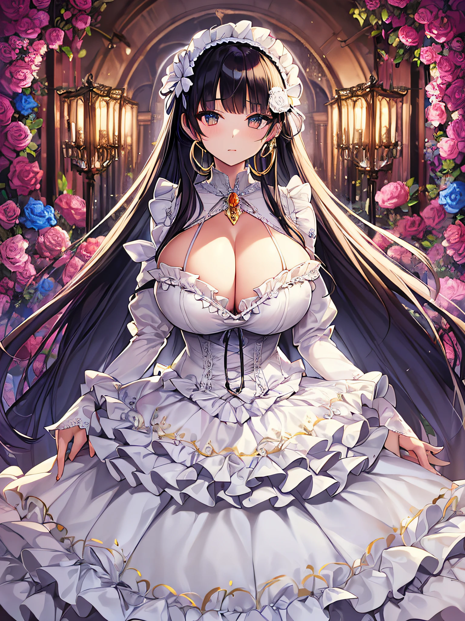 ((anime artstyle)),(Masterpiece),(Best Quality), (Super Detail),((Very Delicate and Beautiful)),(((Solo))),((full body)),(((1 princess in White lolita dress with voluminous full length hoop skirt))),((standing in garden)),Long train,(bling-bling gorgeous gemstone jewelry),detailed face and eyes,jewel-like eyes,((large amount of straight hair,extremely voluminous Very Long Straight Hair)),(gorgeousfull embroidery and lace),((gigantic tits,Long tits)),cleavage,gorgeous corsage,See-through,((extremely gorgeousfull lolita hair ornament)),bling-bling extremely gorgeousfull jeweled tiara,ornate ruffles,beautiful embroidery,(hoop skirt,crinoline),flowers, flower petals flowing,((Dynamic Angle)),Looking at viewer,((full body)),White lolita dress with voluminous full length hoop skirt