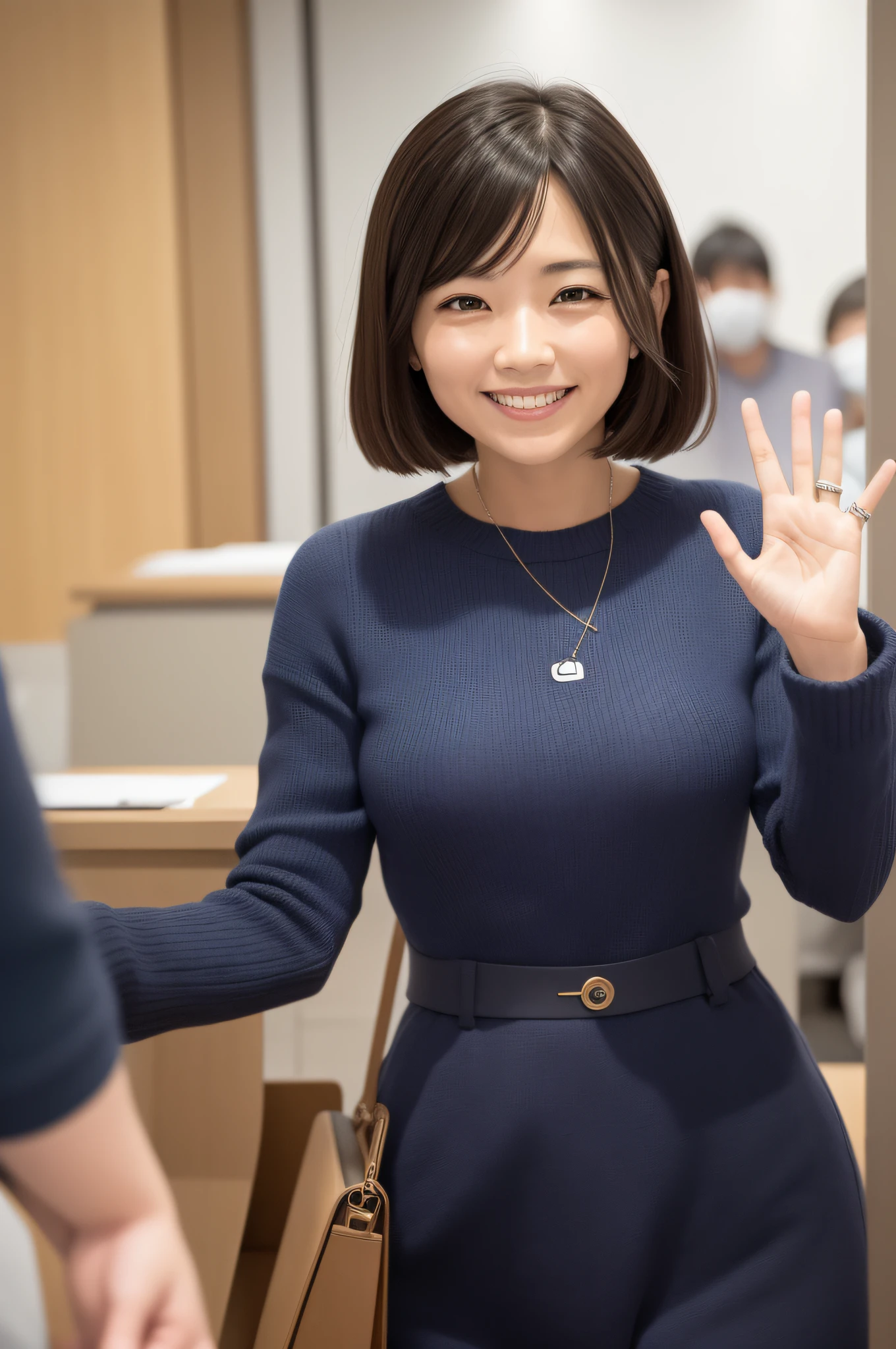 32years old、Cute smile、Wave at the meeting、Inside the city