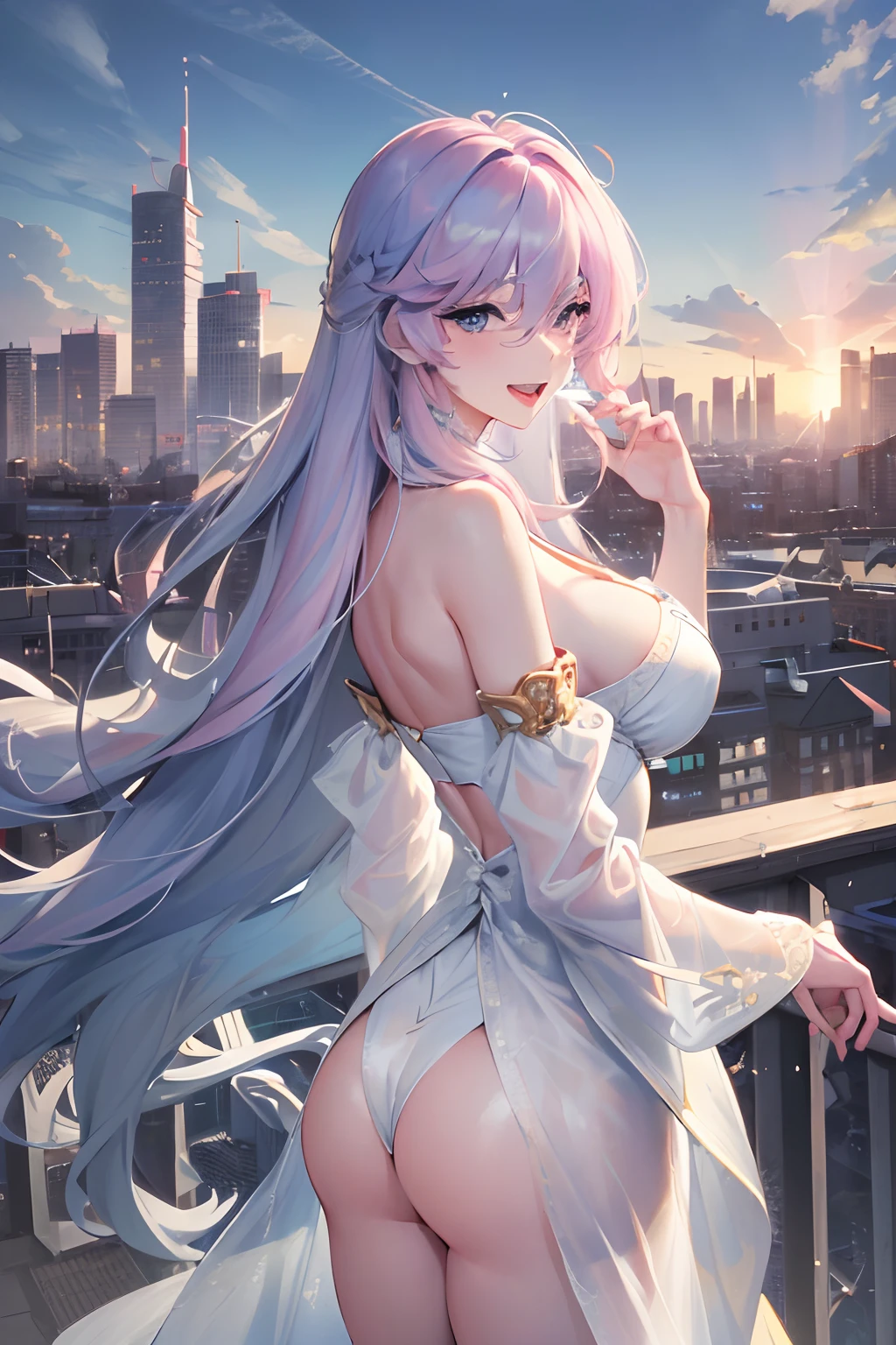 Official fine art,tmasterpiece,Sharp focus,(Beautiful gorgeous lovely Korean women:1.3),(beautiful lovely Korean people:1.3),South Korean beauties,Delicate and beautiful hair and eyes and face,realisticlying,ultra - detailed,a beauty girl,blue-sky,Glowing white particles,(sidelighting:1.2),rays of sunshine,baiyun,Detailed clouds,Slender,Cute big breasts and big buttocks,Toothy laughter,((Laugh and open your eyes)),scenecy,Long straight hair, sexy facial expression, buliding, (cityscape:1.7), Dynamic hair, Long straight hair, Delicate platinum-pink hair, glow blue eyes, , paleskin, hair adornments, epic landscapes,fullnude