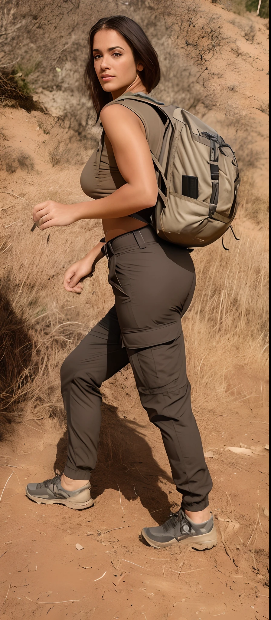 A beautiful woman in brown shirt and black pants with backpack, wearing cargo pants, roupas de caminhada, meio tiro de um hunky, malhar no campo, zirconium pants, carrying survival gear, Foto de perfil, portando um fuzil, side view, usando equipamento de aventura, distant full body view, Close-up de corpo inteiro