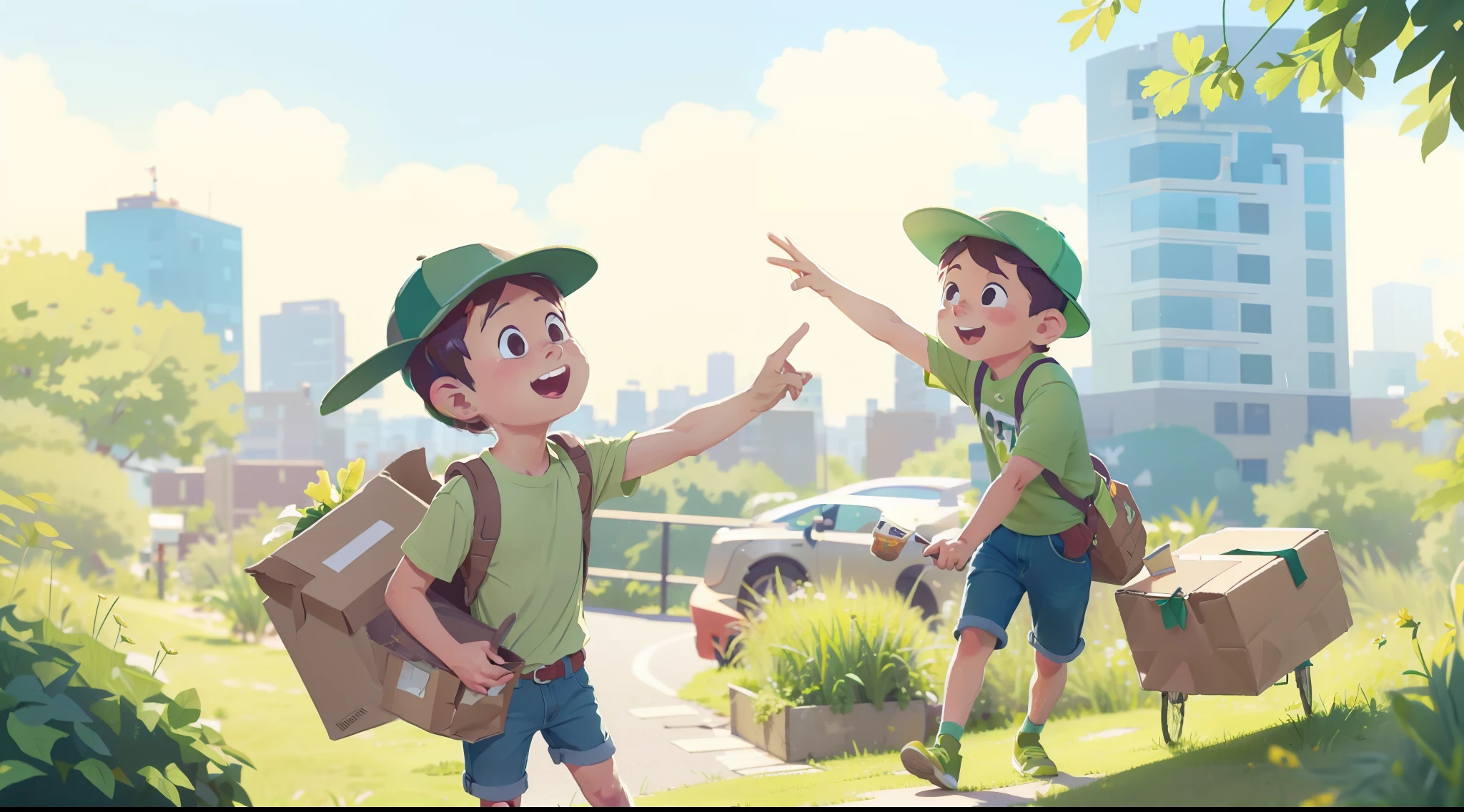 Sunny afternoon,Courier in a green hat,Adult male,((Wear a green top)),Home delivery,Look up at the perspective,City real estate background,Clean and bright colors,Flat illustration style。