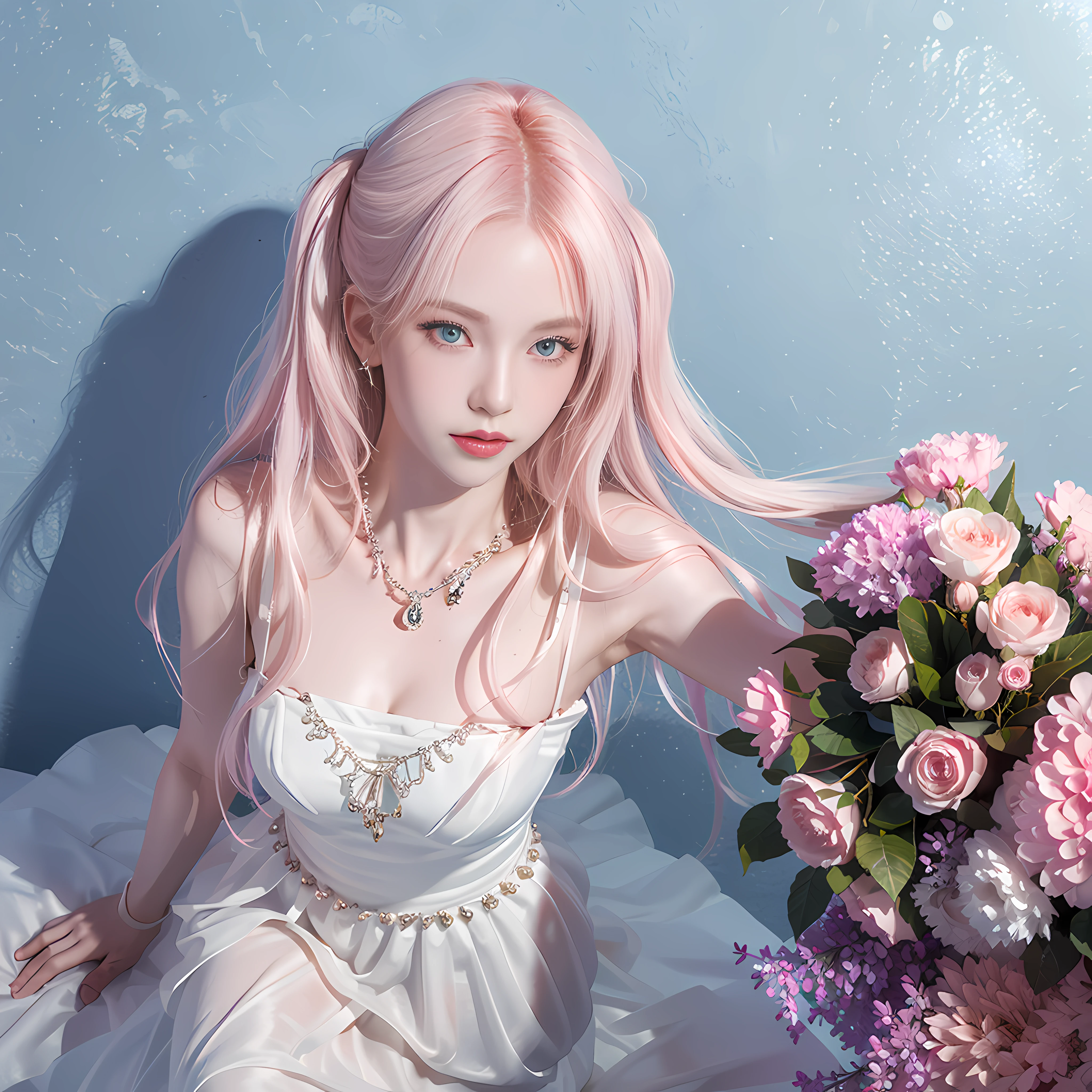 A sexy girl, wearing a wet white silk wedding dress, wearing necklaces, earrings and hairpins, her hair is long pink curls, smooth and shiny, delicate face, lips, eyes and nose, blue pupils, she is half-kneeling in the sea of flowers, the colors are contrasting, using the vista to create a Tyndall effect, full body composition.