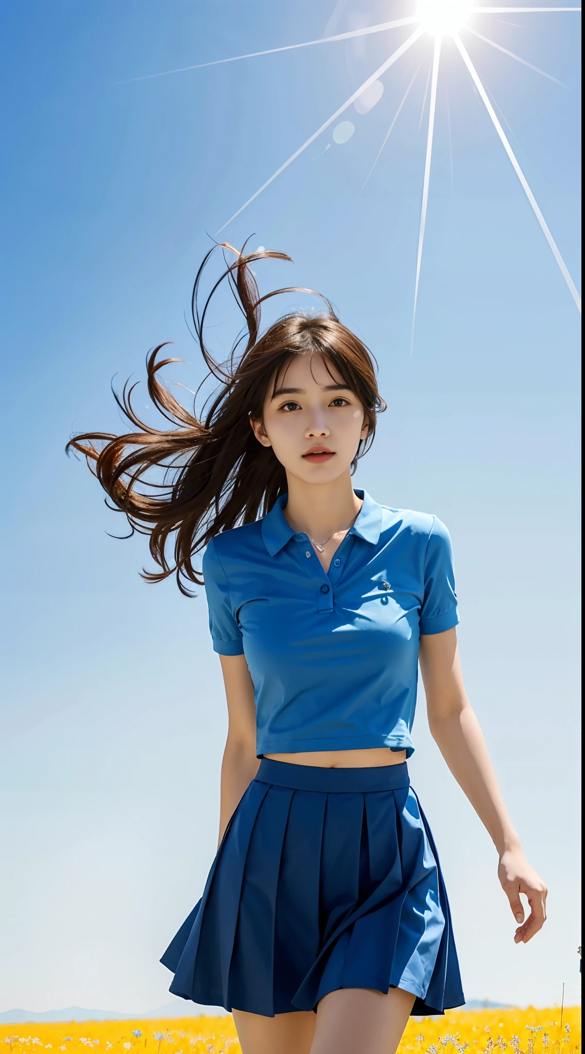 One wears blue short sleeves，pleatedskirt，Beautiful young woman，Bigchest，Blowing the wind on the steppe，32K，Ultra-clear picture，The sky is clear