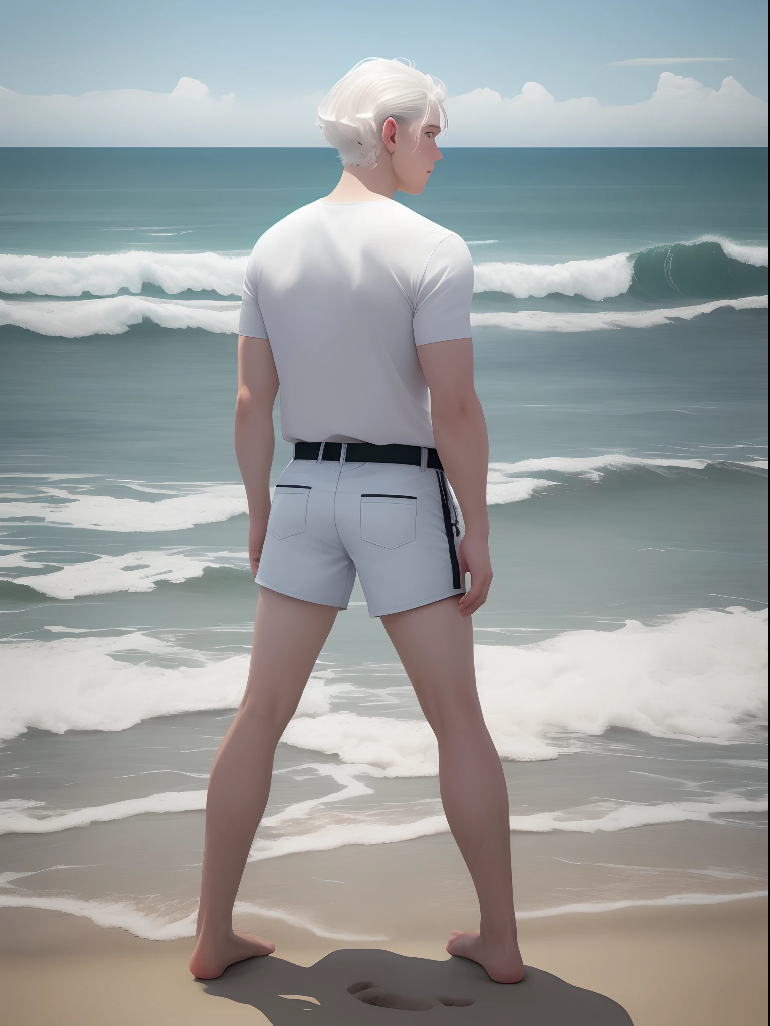 Imagine eu em uma foto sou magro 1,70m on the edge of the beach and with my back to photo and face to the sea standing looking at the horizon of the sea I am white medium hair height of the ears divided on the side is cut of the foot of the hair low of bare shorts
