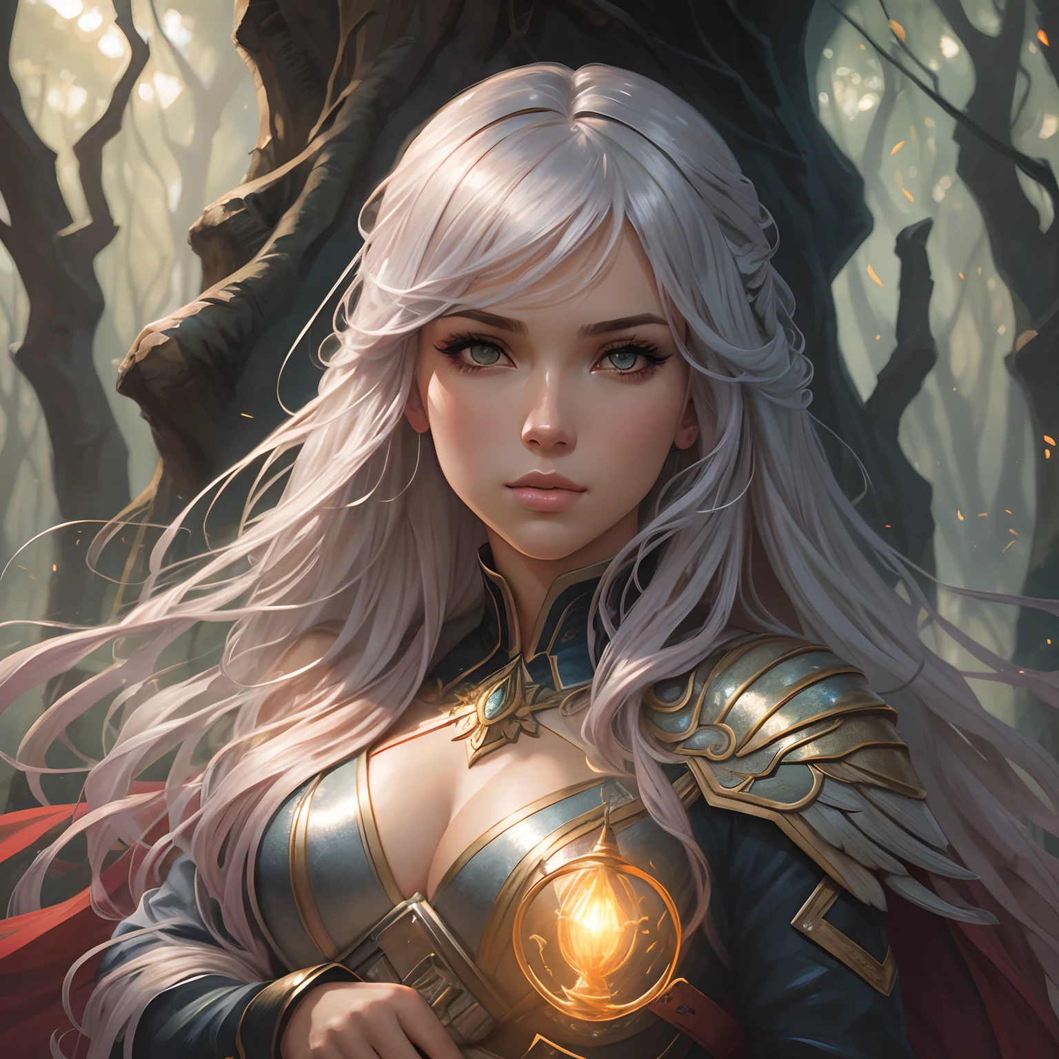 (Atmosphere with light and trees behind)+ 8K Aurora Portrait, girl with super long hair, super long very bright red hair, Wearing a combat suit, Has huge silver wings on its back, Convoluted, Highly detailed, Digital Painting, Smooth, Sharp Focus, Illustration, unreal enginee 5, 8 K, art by artgerm and greg rutkowski and alphonse mucha