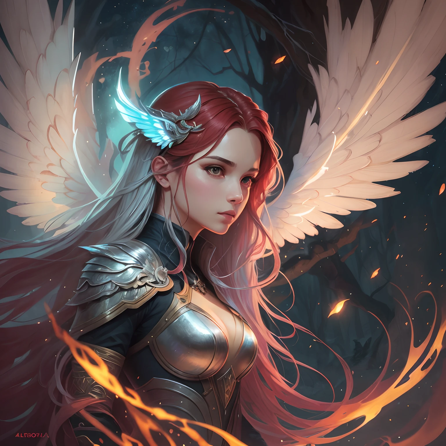 (Atmosphere with light and trees behind)+ 8K Aurora Portrait, girl with super long hair, super long very bright red hair, Wearing a combat suit, Has huge silver wings on its back, Convoluted, Highly detailed, Digital Painting, Smooth, Sharp Focus, Illustration, unreal enginee 5, 8 K, art by artgerm and greg rutkowski and alphonse mucha