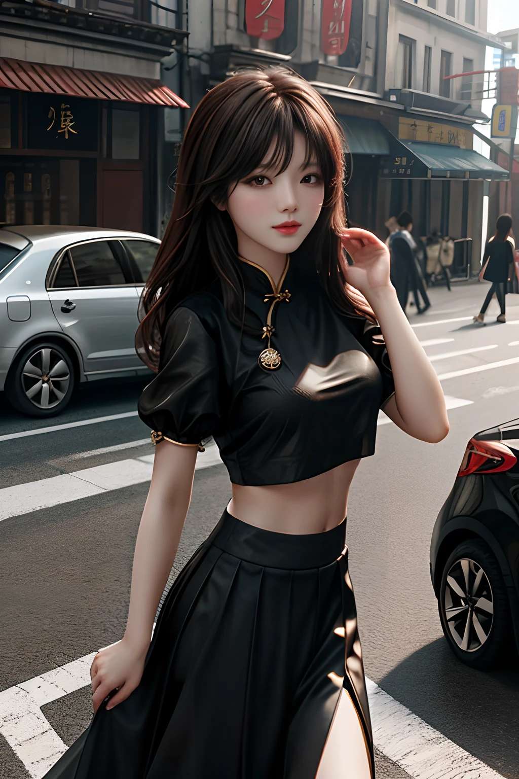 tmasterpiece, Best quality at best, 1girll, from below, underboobs, mediuml breasts, long skirt, Crop tops, brunette color hair, 黑The eye,Chinese woman,Bottom-up perspective,streetview