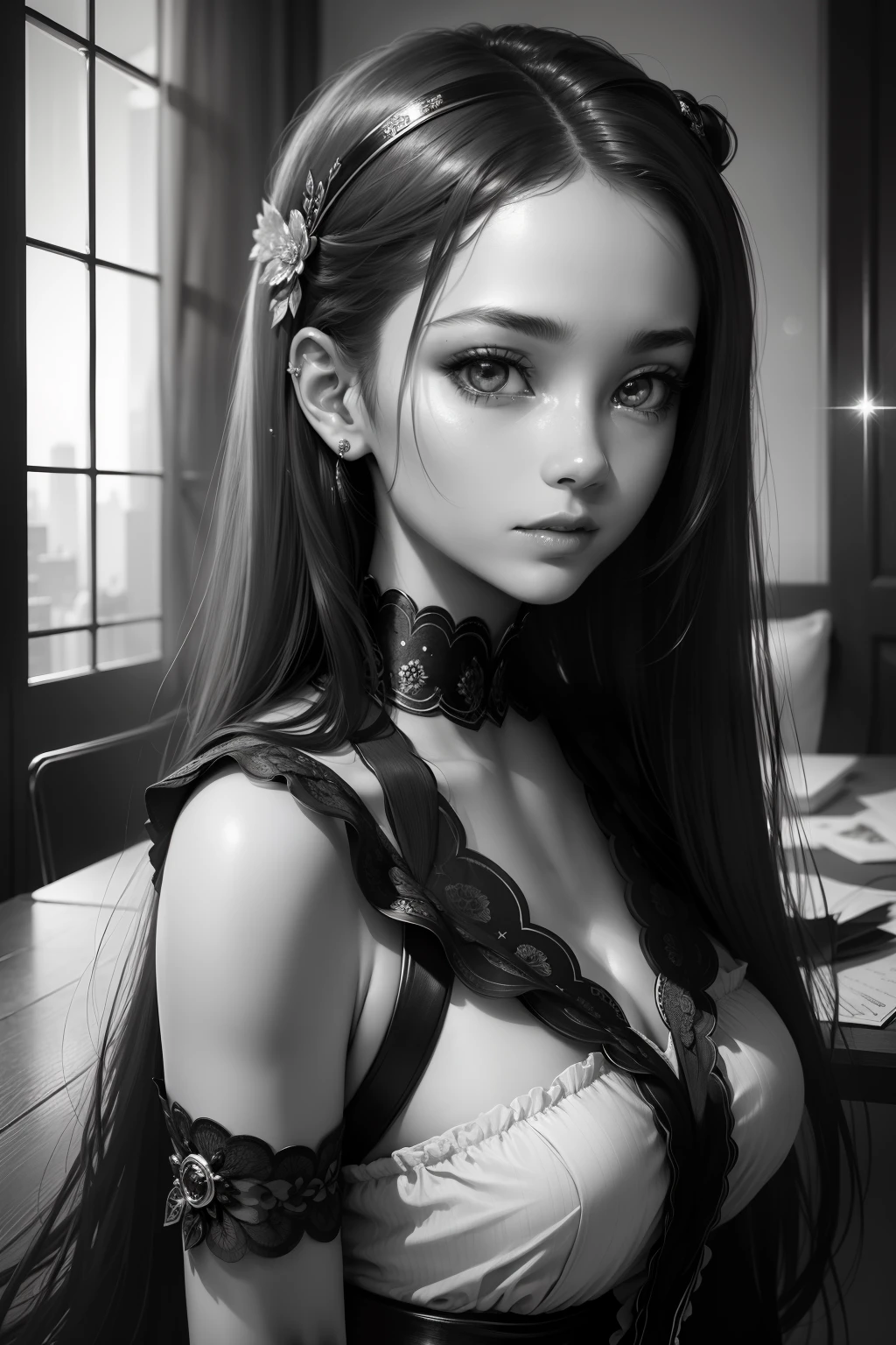 ((Masterpiece, Superb, Super Detailed, High Resolution)), solo, beautiful girl, sparkling eyes, perfect eyes, , black and white gold theme,