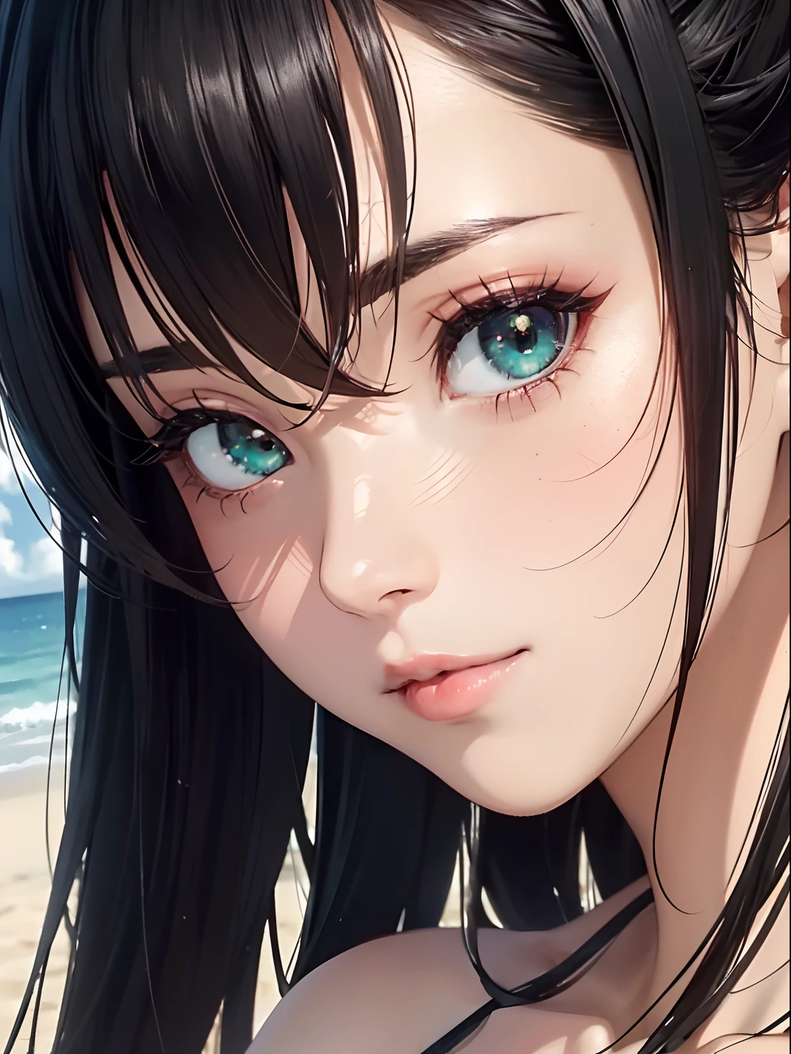 NFSW, 1 Lady,  Face, (((1 Lady:1.37, Solo))), (((Extreme close-up of the face))), (Beautiful face, Cute face, Detailed face), ((( Black hair, Semi-long hair, Hair pulled back, side poneyTail))), (((Detailed beautiful green eyes, tareme))), BREAK, (((Sunny))), (((in beach))), BREAK, blazing, Shiny skin, extremely detailed CG unified 8k wallpaper, very fine 8KCG wallpaper, anime moe art style, Anime visuals of cute girls, anime style portrait, In an anime style, Beautiful anime, 8K Anime Art Style, In anime style、8K animation with detailed drawings, (​masterpiece, Best Quality), High resolution, Ultra-detailed, ultra-sharp, Cinematic lighting