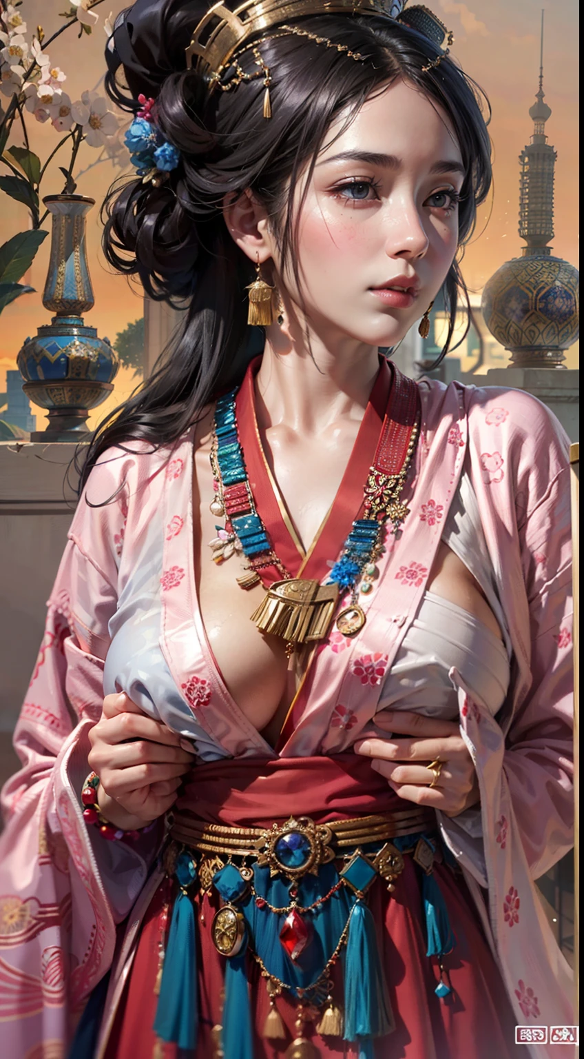 A Japanese woman walking in the city,Buildings,A plant,ssmile,Mixed Korean,The background is blurred out,focal,电影灯光,(((tmasterpiece))), ((best qualtiy)), ((Complex and detailed)), ((ultra-realistic realism)), Ridiculous resolution, A MILF, Mature woman, ssee-through, highly detailed, illustratio, 1girll, (huge tit), Thin waist and thick hips,long leges,beatiful detailed eyes, short detailed hair, brunette color hair, a purple eye, (Ancient Persian costumes:1.2),Beautiful flower hats in ancient Persia,Ancient Persian colorful floral dress,Exotic,Persian national costume,Old Persian style,Ancient Persian ornaments,persian princess,(No underwear),pantiess, detailed back ground, perfect eyes, Seductive eye, looking at viewert, From the front,Wear light,