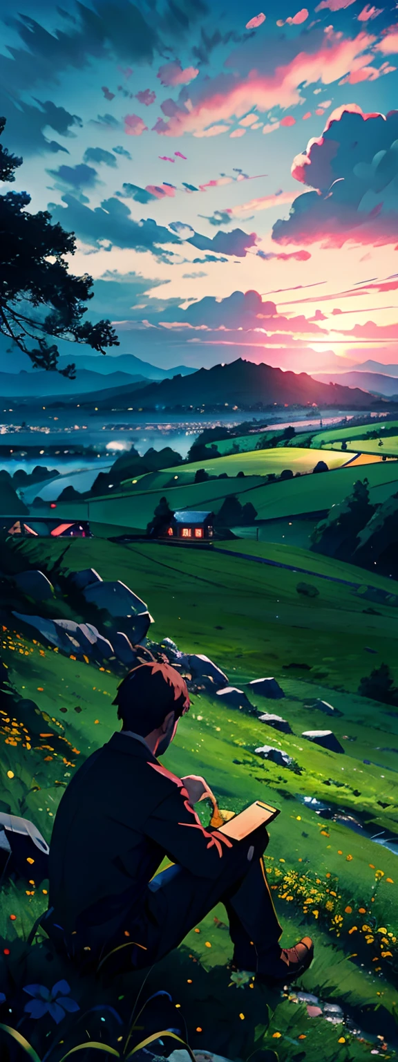 Expansive landscape photograph,eventide,On a green meadow, There was a man sitting on the grass,Face away from the camera,The characters are not big,Blue tones predominate,A sad and bleak atmosphere,Separated story background。