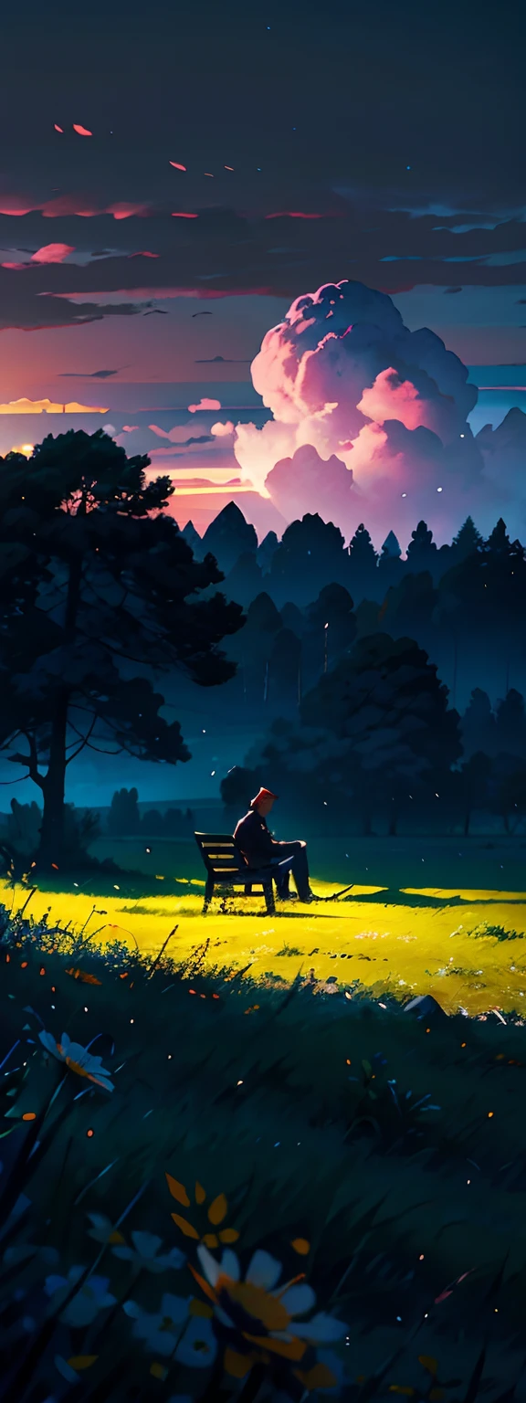 Expansive landscape photograph,eventide,On a green meadow, There was a man sitting on the grass,Face away from the camera,The characters are not big,Blue tones predominate,A sad and bleak atmosphere,Separated story background。