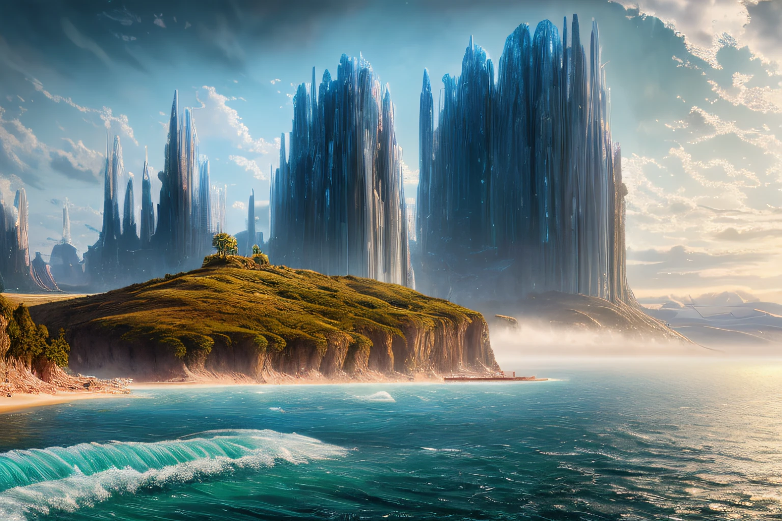 paysage futuriste, Eau, (Highly detailed CG Unit 8k wallpaper), The most beautiful work of art in the world, Professional majestic oil painting, complexe, High detail, mise au point nette, dramatique, Art of photorealist painting,