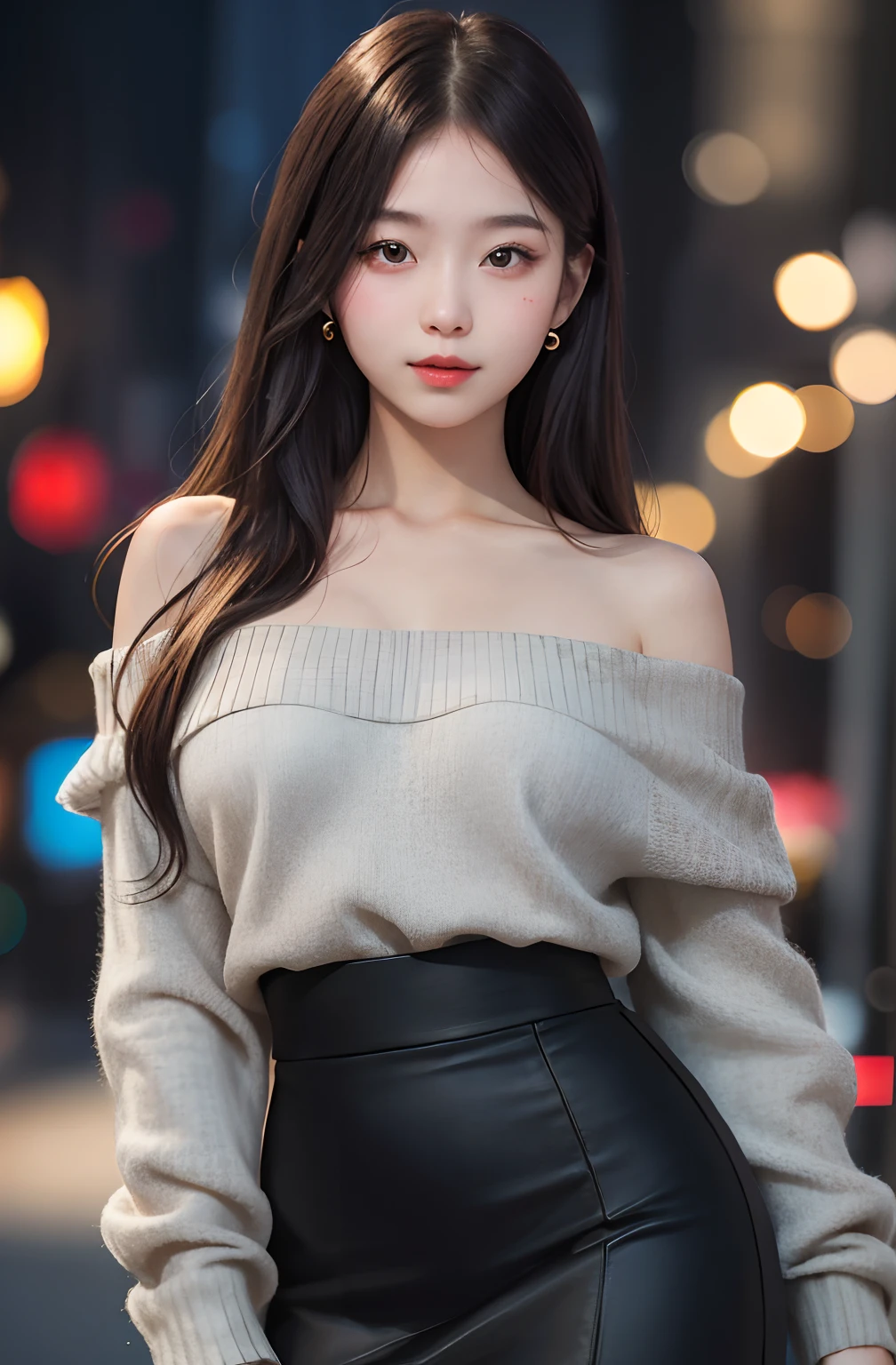 1girl, cute, , seductive expression, look at viewer, off shoulder ,high waist pencil skirt, photo, realistic, best quality, hires, detailed face, detailed background, diffused lighting, depth of field, bokeh,
