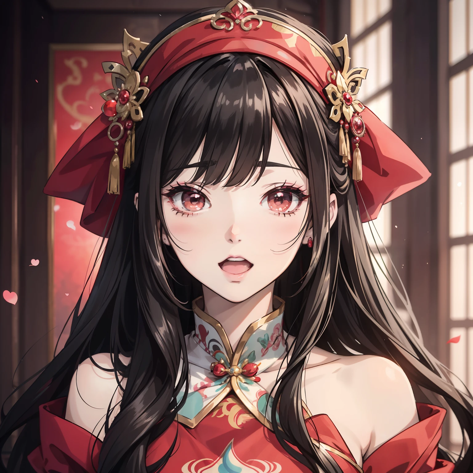 Ancient Chinese long black hair and 18 year old anime young woman wearing red wedding banquet Han dress,(Big-breasted girls)(Headwear)(Weddings)(Gorgeous luxury)(Numerous accessories)(Giggle 1.8)(Open your mouth and laugh 1.2)(Open mouth 1.5)(Romantic light)(The background is a blurry red light shadow)style of anime4 K,Anime rendering,style of anime。8K,Handsome anime face,A demure costume girl(Upper body display 1.5)(Handsome boy 1.3)(Cinematic lighting 1.5)