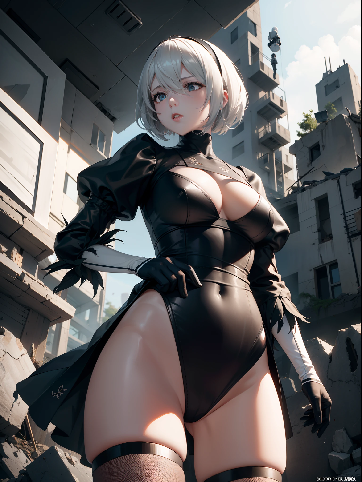 (SFW:1), masterpiece, 8k, best quality, highly detailed, 1girl, YoRHa No.2 Type B, sword, apocalyptic scenere, robots, destroyed android, debris, damaged houses, from below