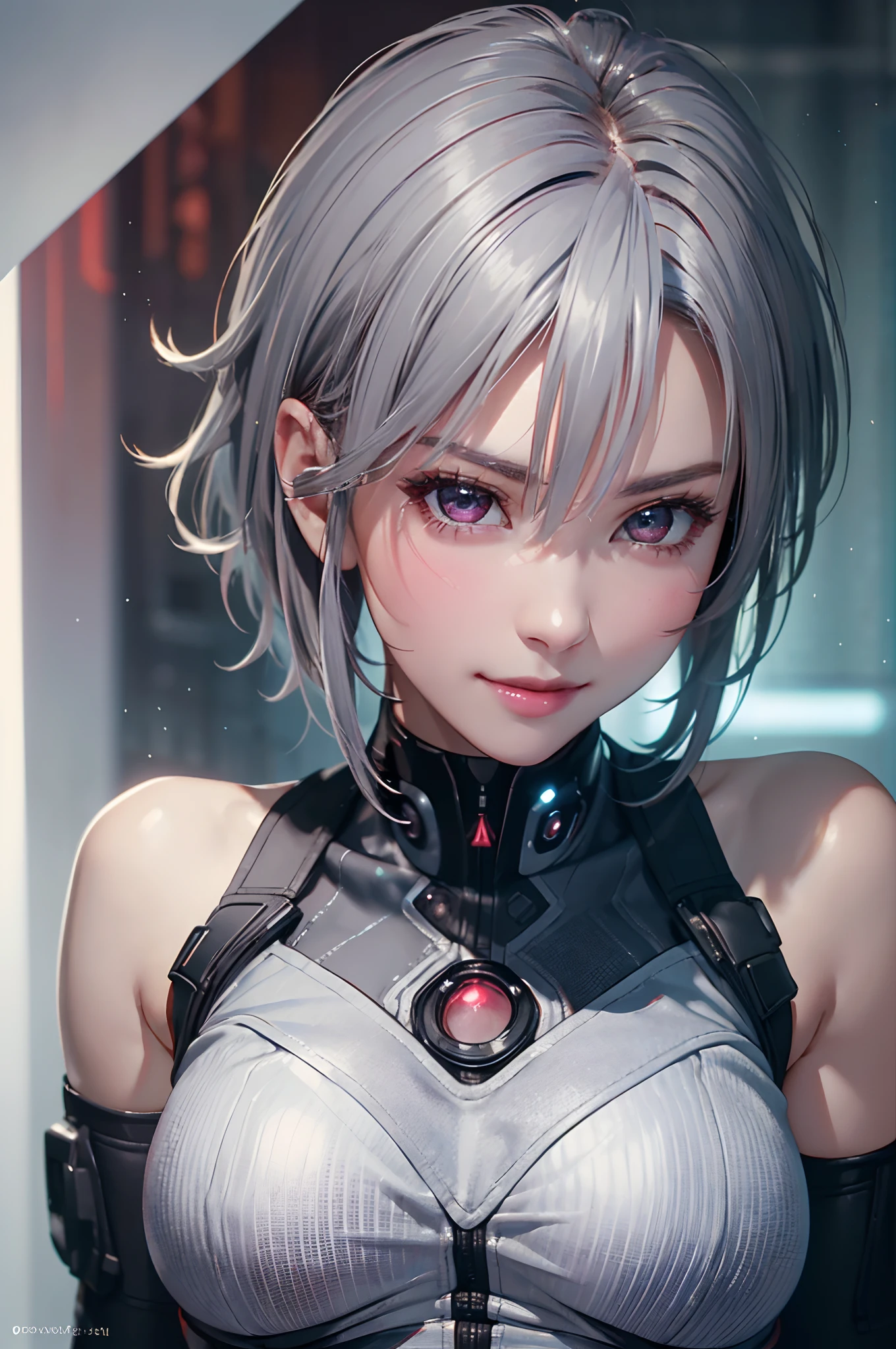 (8k, photorealistic, RAW photo, top quality: 1.4), (1girl), super beautiful, (realistic face), (boyish, silver-colored berry short hair), beautiful cyberpunk suit, glares seducing viewer, beautiful expression, beautiful breasts, (realistic skin), beautiful smile, (soldier), attractive, ultra high resolution, ultra realistic, high definition, spoiled