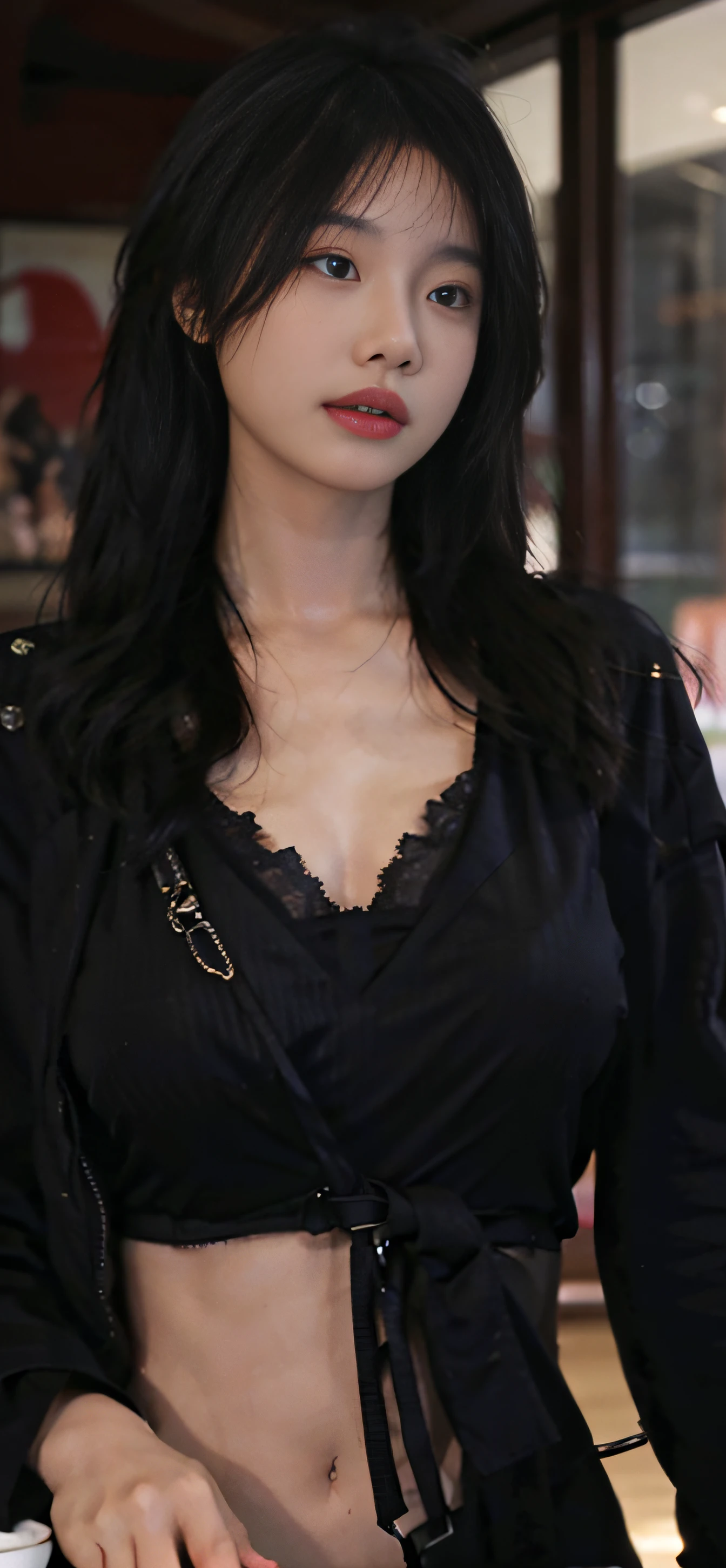 Best quality,masterpiece,ultra high res,(photorealistic:1.4),1girl,sexy,(open black coat:1.2),(bra:1.2),(large breast:1.3),(upper body:1.4)