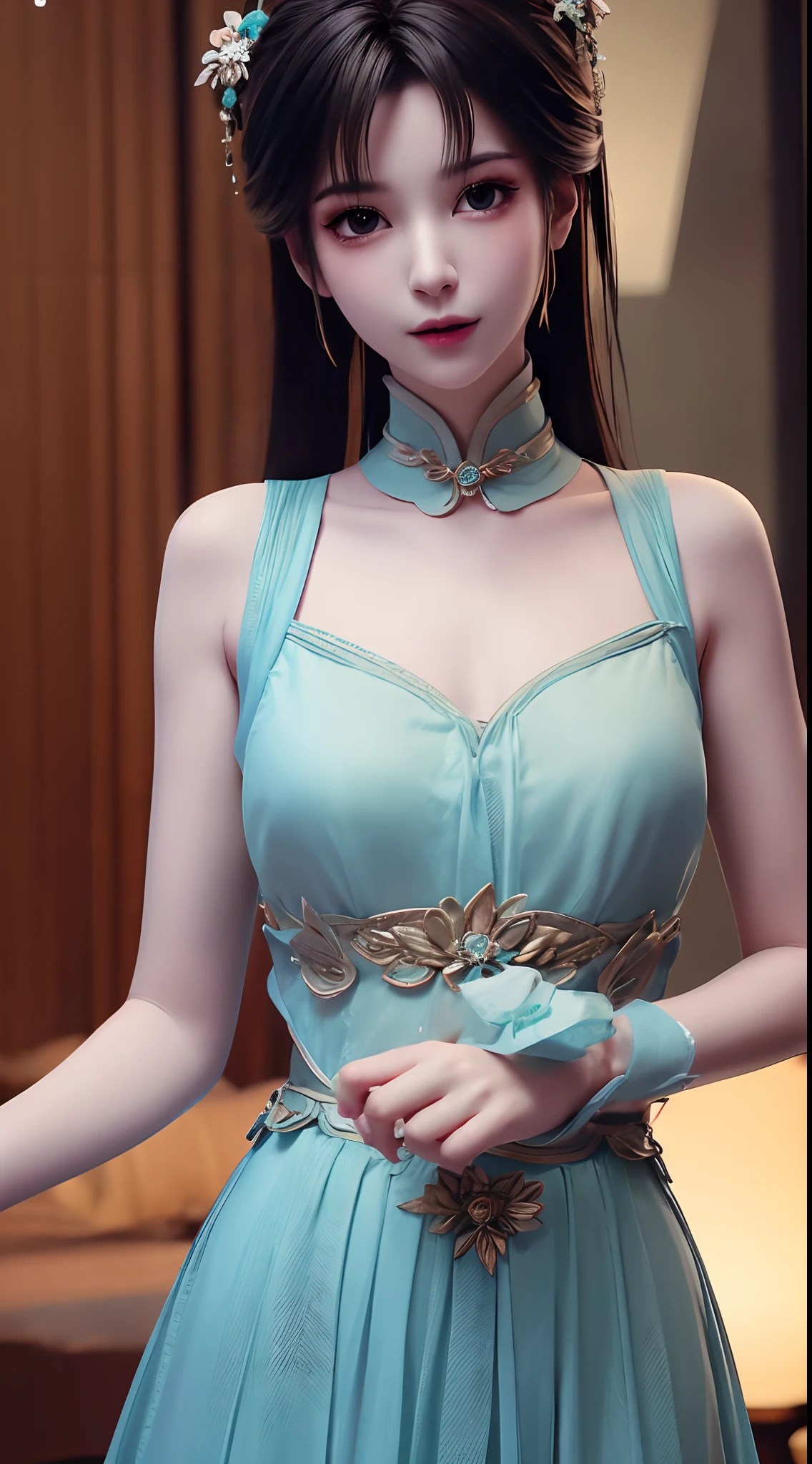 1 beautiful and cute realistic girl, tender young girl, waist length hair, long black hair with a hint of blue, light blue eyes, wearing a long, thin, blue dress with a hanfu style, the dress covered the girl's chest,, style hanfu, wearing a thin silk shirt of ancient China, pink and smooth white skin, wearing a discreet ancient style ao dai, appears shoulders and head in the photo,cute little face, eye bags under wet makeup, plump red lips, pout, ((closed mouth:1.0)), balanced incisors, embarrassed, small face makeup detailed and very beautifull, The breasts are super round and tight, breast augmentation, blum boobs, Cover the girl's chest with a camisole inside, blush, from front, wear earrings, necklaces, from above, looking at viewer, upturned eyes, full body, masterpiece, top quality, best quality, official art, unity 8k wallpaper, highres, ultra-high res, ultra-detailed, (photorealistic:1.2), alone, solo, Only 1 girl, style hanfu Dunhuang, 10x pixels, super realistic, ultra high quality, full body view of the girl, upper body,