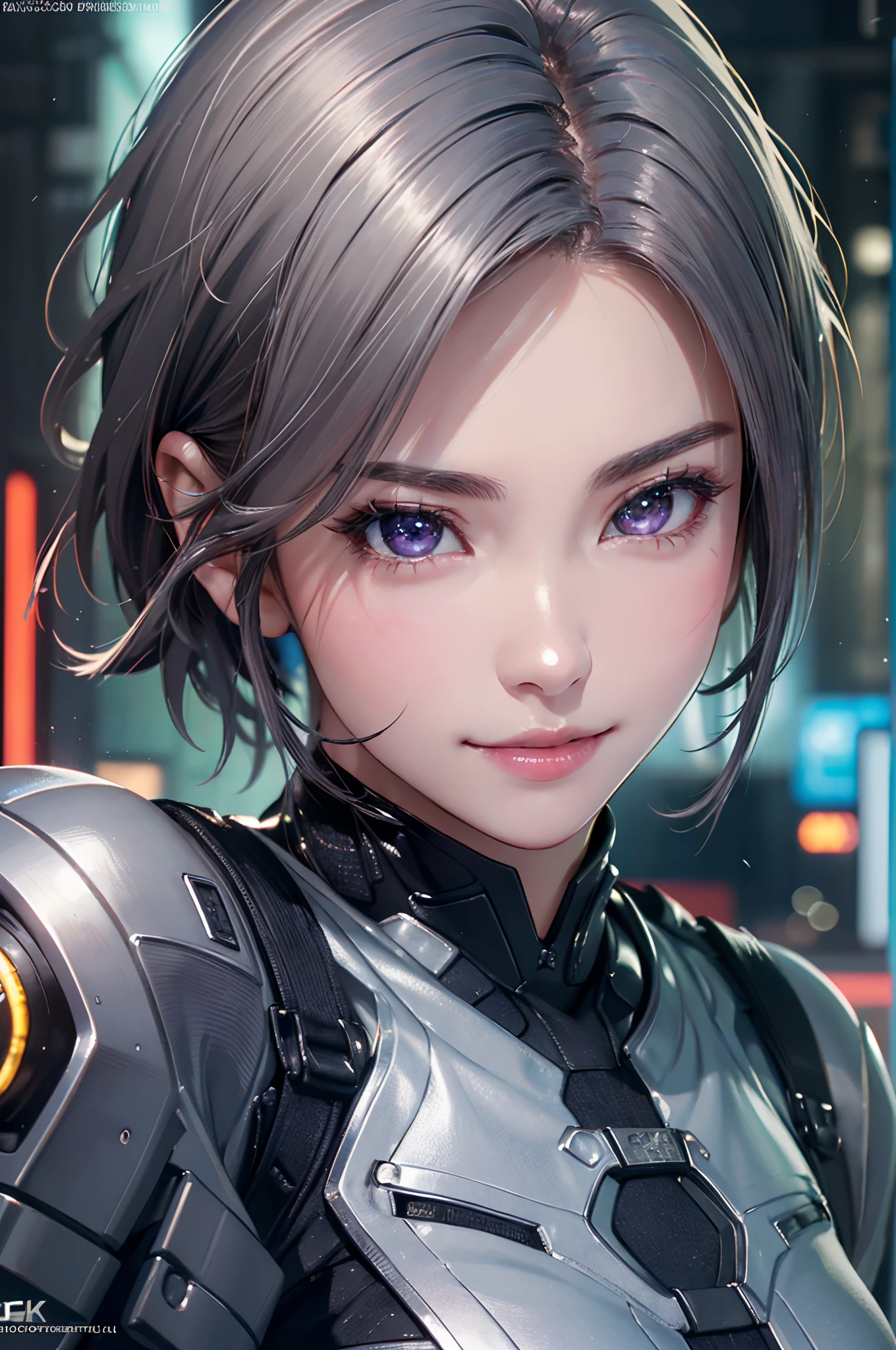 (8k, photorealistic, RAW photo, top quality: 1.4), (1girl), super beautiful, (realistic face), (boyish, silver-colored berry short hair), beautiful cyberpunk suit, glares seducing viewer, beautiful expression, beautiful breasts, (realistic skin), beautiful smile, (soldier), attractive, ultra high resolution, ultra realistic, high definition, spoiled