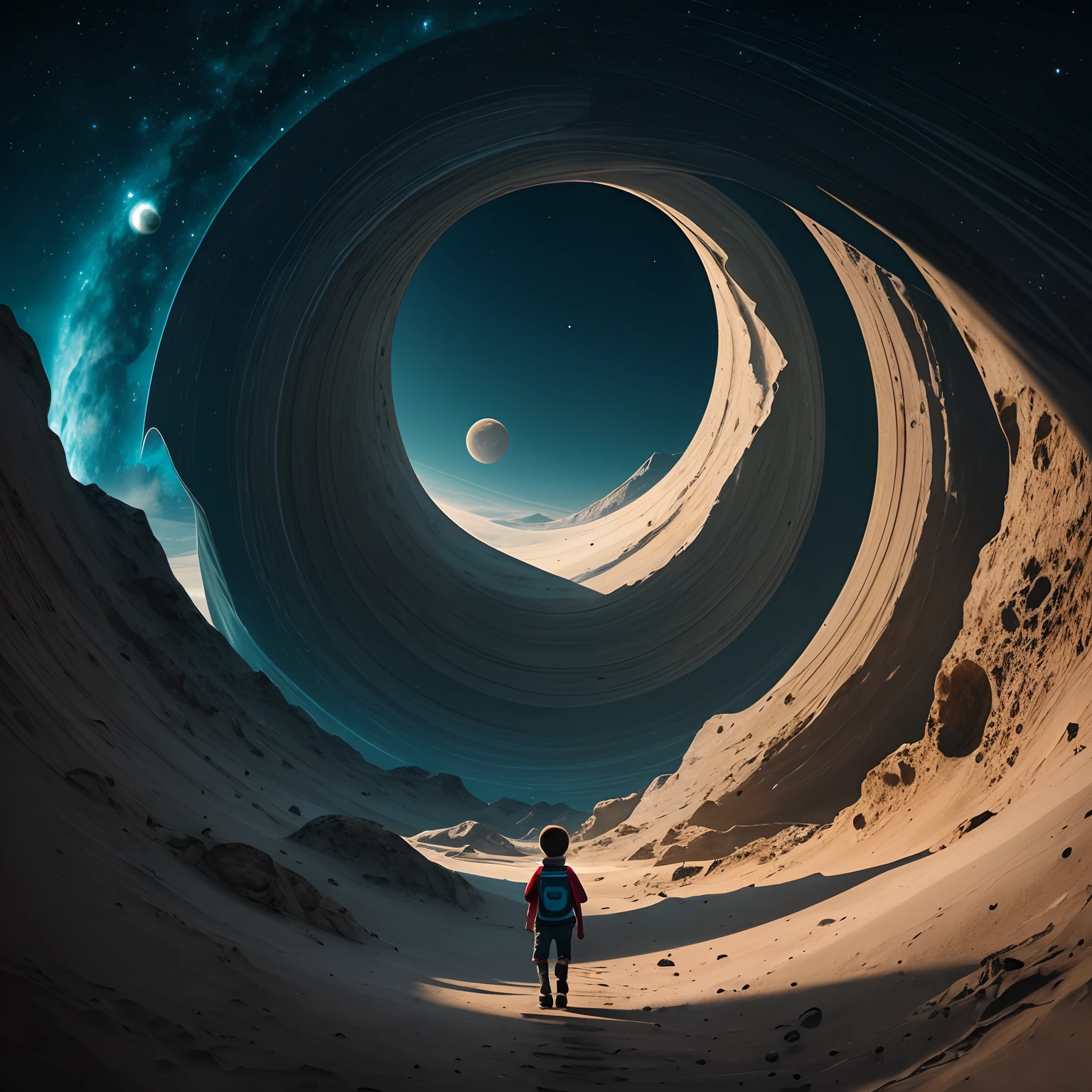Landscape seen from afar from a walking on Jupiter towards a portal to another dimension