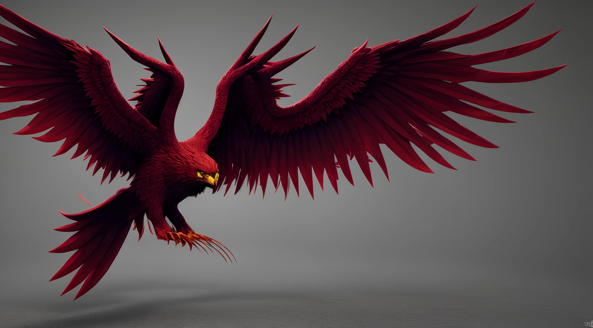 (big main colour black secondary colour red phoenix:1.2 with shades of purple:1.1, coming in to land, razor-sharp claws:1.2 with blood dripping:1.1, 3d:1.1, heading towards screen, vivid colour, dark background:0.9)